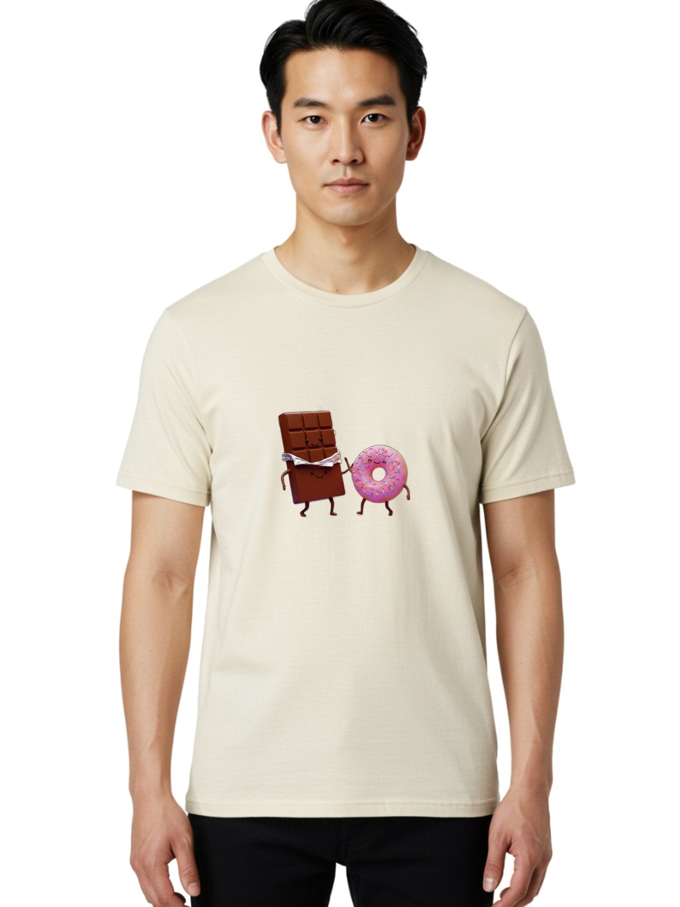 Chocolate-And-Donut Men'S Graphic Tee, 100% Cotton, Comfortable Casual Summer Wear, Machine Washable, Chocolate Bar, Donut With Sprinkles, Cartoon Characters, Sweet Treats, Dessert Lovers, Pastry, Baked Goods, Cute Graphic, Food Illustration Bac847 25