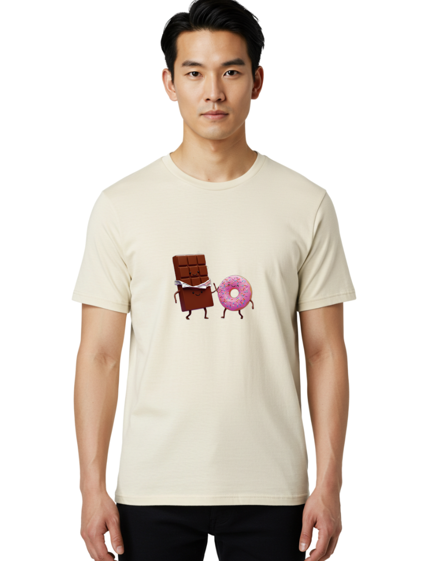 Chocolate-And-Donut Men'S Graphic Tee, 100% Cotton, Comfortable Casual Summer Wear, Machine Washable, Chocolate Bar, Donut With Sprinkles, Cartoon Characters, Sweet Treats, Dessert Lovers, Pastry, Baked Goods, Cute Graphic, Food Illustration Bac847 21