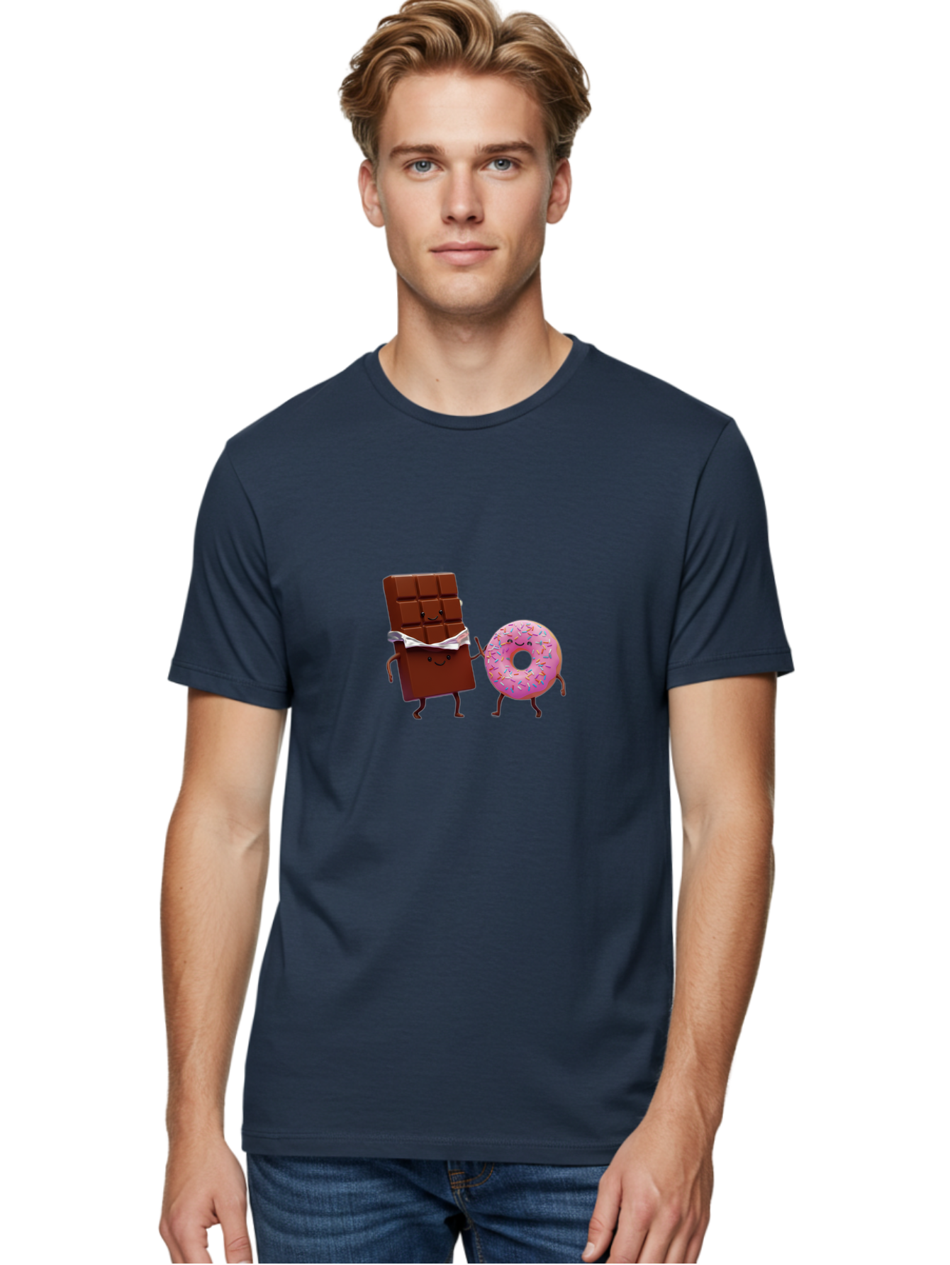Chocolate-And-Donut Men'S Graphic Tee, 100% Cotton, Comfortable Casual Summer Wear, Machine Washable, Chocolate Bar, Donut With Sprinkles, Cartoon Characters, Sweet Treats, Dessert Lovers, Pastry, Baked Goods, Cute Graphic, Food Illustration Bac847 18