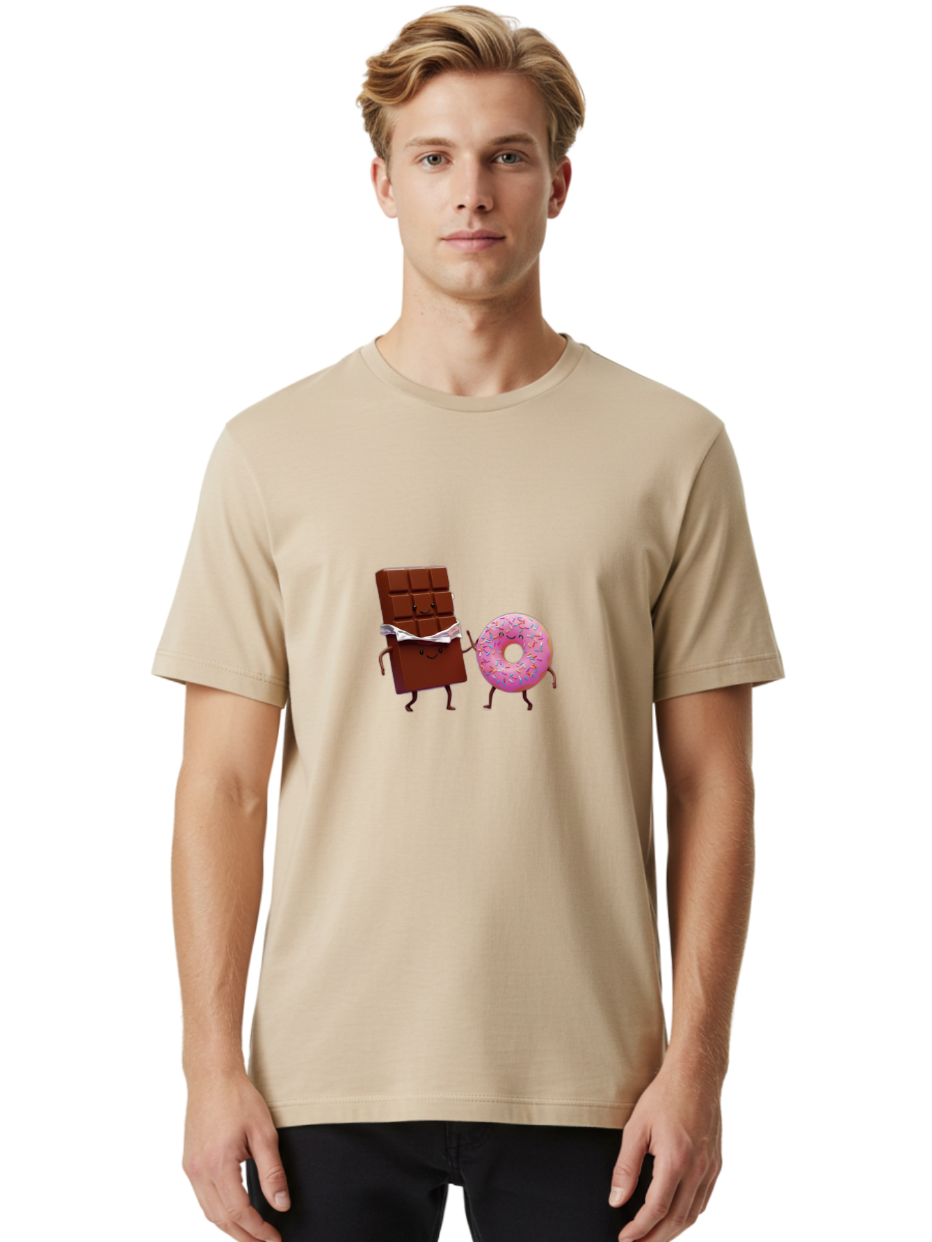 Chocolate-And-Donut Men'S Graphic Tee, 100% Cotton, Comfortable Casual Summer Wear, Machine Washable, Chocolate Bar, Donut With Sprinkles, Cartoon Characters, Sweet Treats, Dessert Lovers, Pastry, Baked Goods, Cute Graphic, Food Illustration Bac847 29
