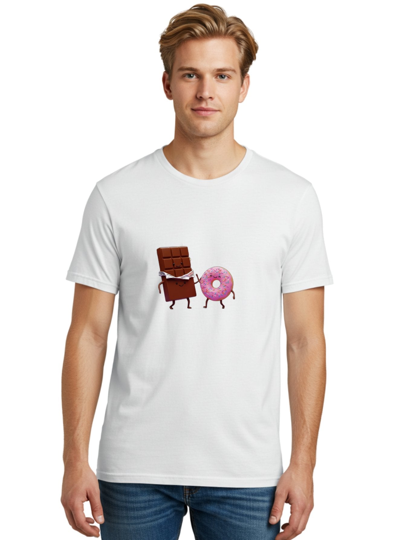 Chocolate-And-Donut Men'S Graphic Tee, 100% Cotton, Comfortable Casual Summer Wear, Machine Washable, Chocolate Bar, Donut With Sprinkles, Cartoon Characters, Sweet Treats, Dessert Lovers, Pastry, Baked Goods, Cute Graphic, Food Illustration Bac847 30