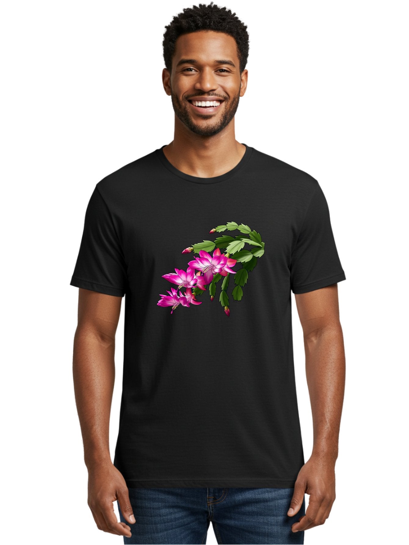 Christmas-Cactus Men'S Graphic Tee, 100% Cotton, Comfortable Casual Summer Wear, Machine Washable, Pink Flowers, Christmas Cactus, Festive Blooms, Holiday Decor, Vibrant Pink, White Accents, Green Leaves, Blooming Plants, Floral Arrangements Bac849 25