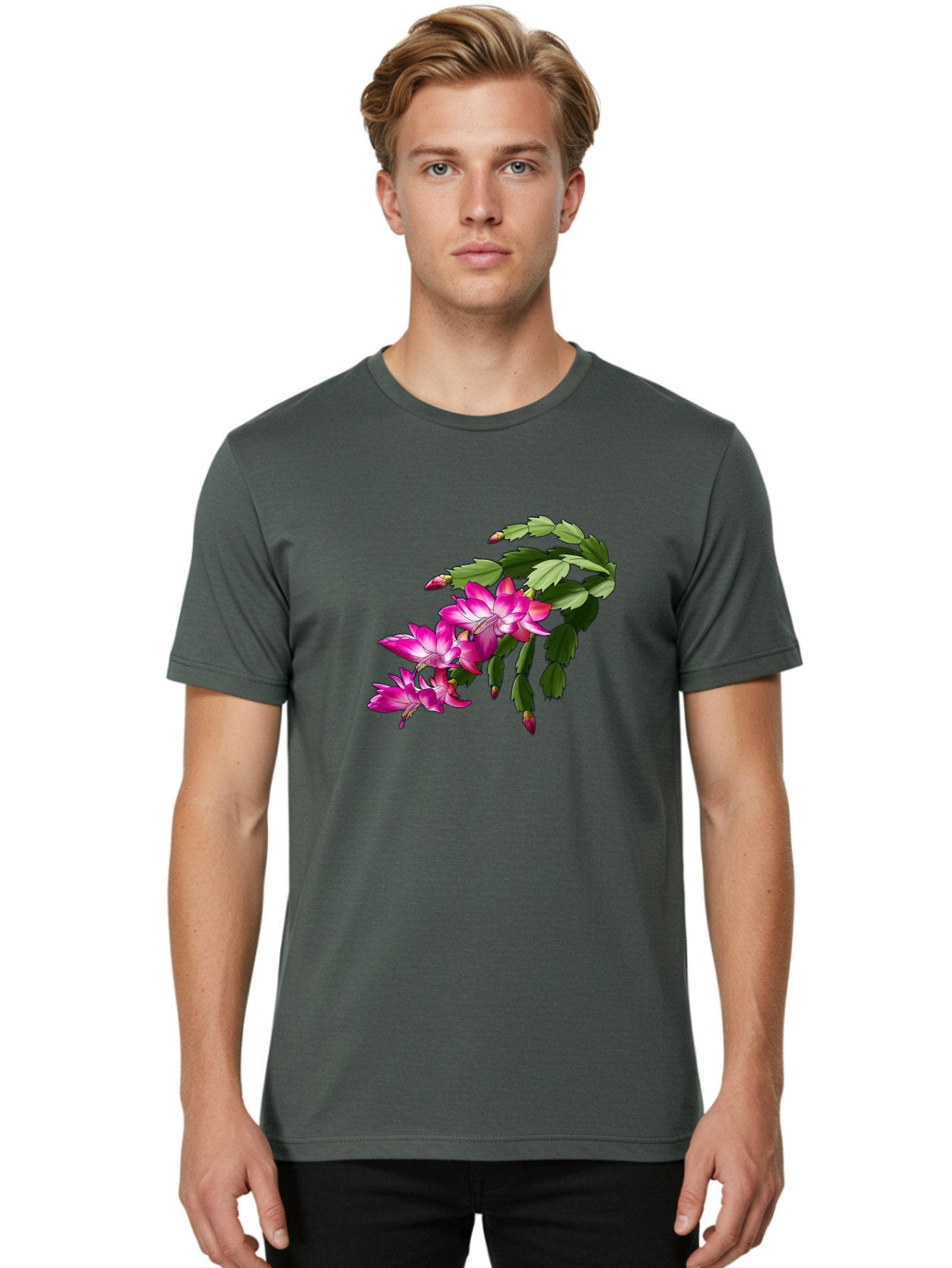 Christmas-Cactus Men'S Graphic Tee, 100% Cotton, Comfortable Casual Summer Wear, Machine Washable, Pink Flowers, Christmas Cactus, Festive Blooms, Holiday Decor, Vibrant Pink, White Accents, Green Leaves, Blooming Plants, Floral Arrangements Bac849 26