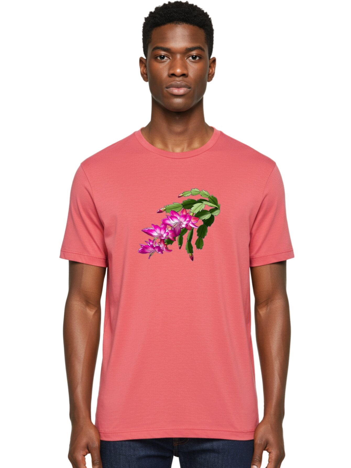 Christmas-Cactus Men'S Graphic Tee, 100% Cotton, Comfortable Casual Summer Wear, Machine Washable, Pink Flowers, Christmas Cactus, Festive Blooms, Holiday Decor, Vibrant Pink, White Accents, Green Leaves, Blooming Plants, Floral Arrangements Bac849 21