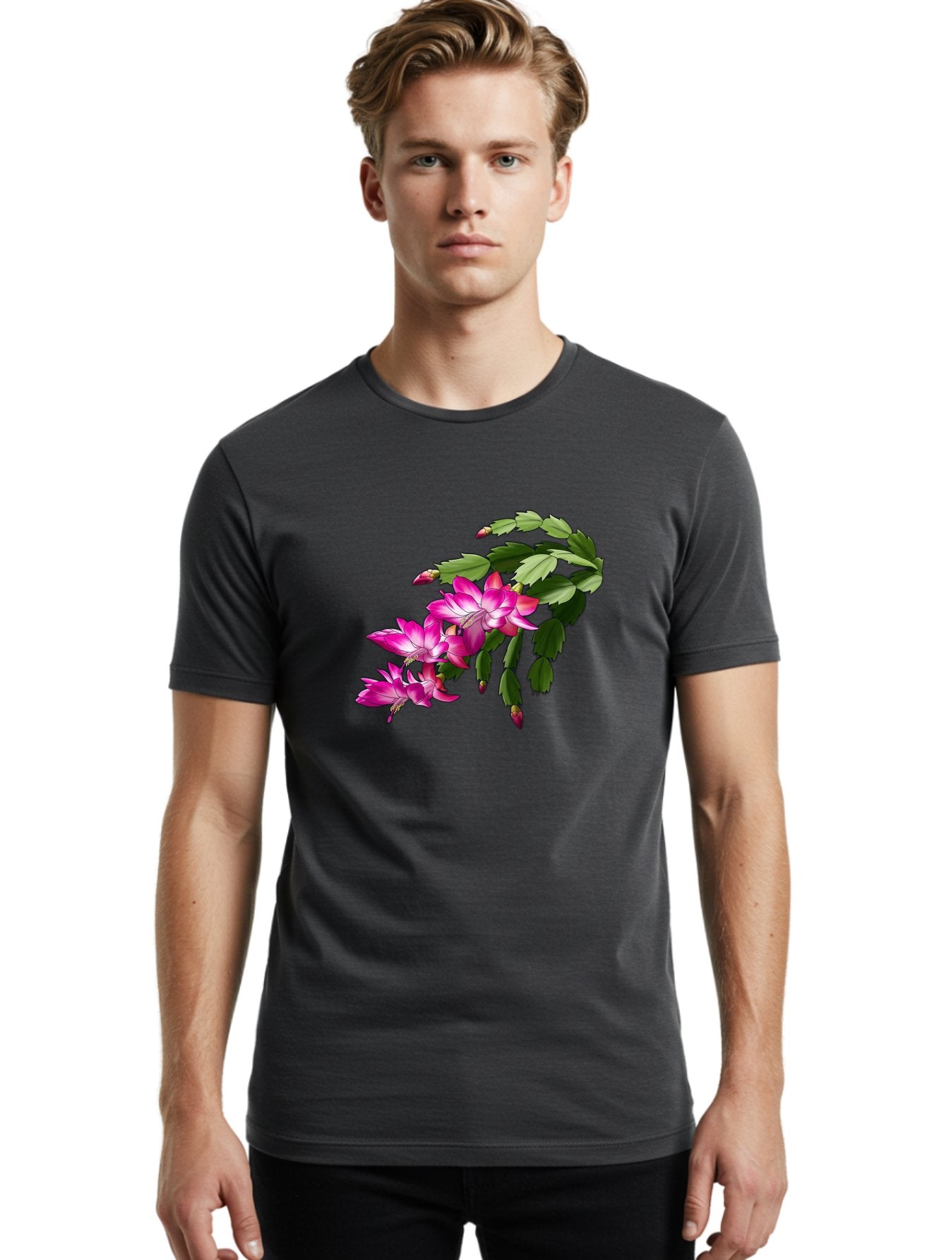 Christmas-Cactus Men'S Graphic Tee, 100% Cotton, Comfortable Casual Summer Wear, Machine Washable, Pink Flowers, Christmas Cactus, Festive Blooms, Holiday Decor, Vibrant Pink, White Accents, Green Leaves, Blooming Plants, Floral Arrangements Bac849 17