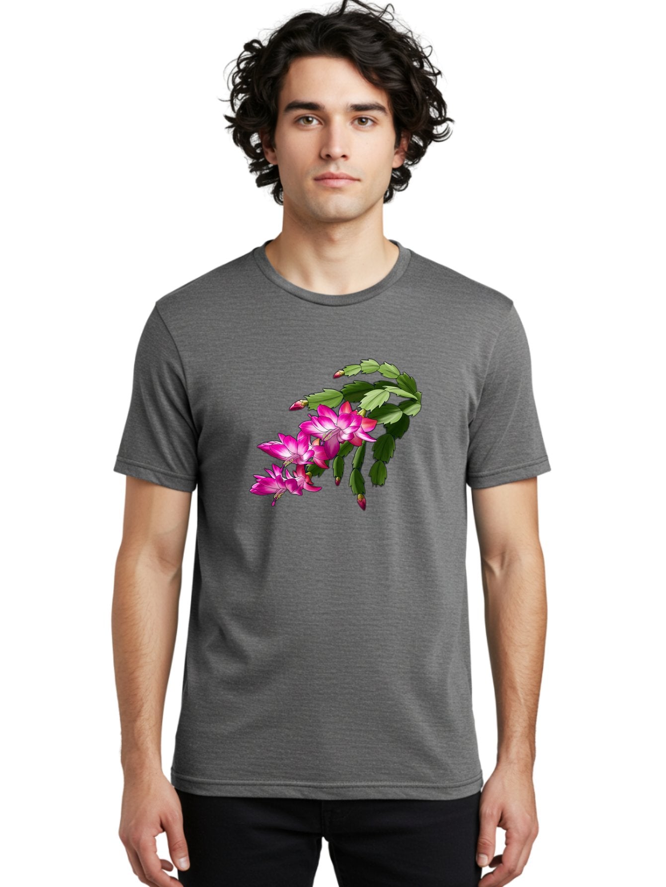 Christmas-Cactus Men'S Graphic Tee, 100% Cotton, Comfortable Casual Summer Wear, Machine Washable, Pink Flowers, Christmas Cactus, Festive Blooms, Holiday Decor, Vibrant Pink, White Accents, Green Leaves, Blooming Plants, Floral Arrangements Bac849 28