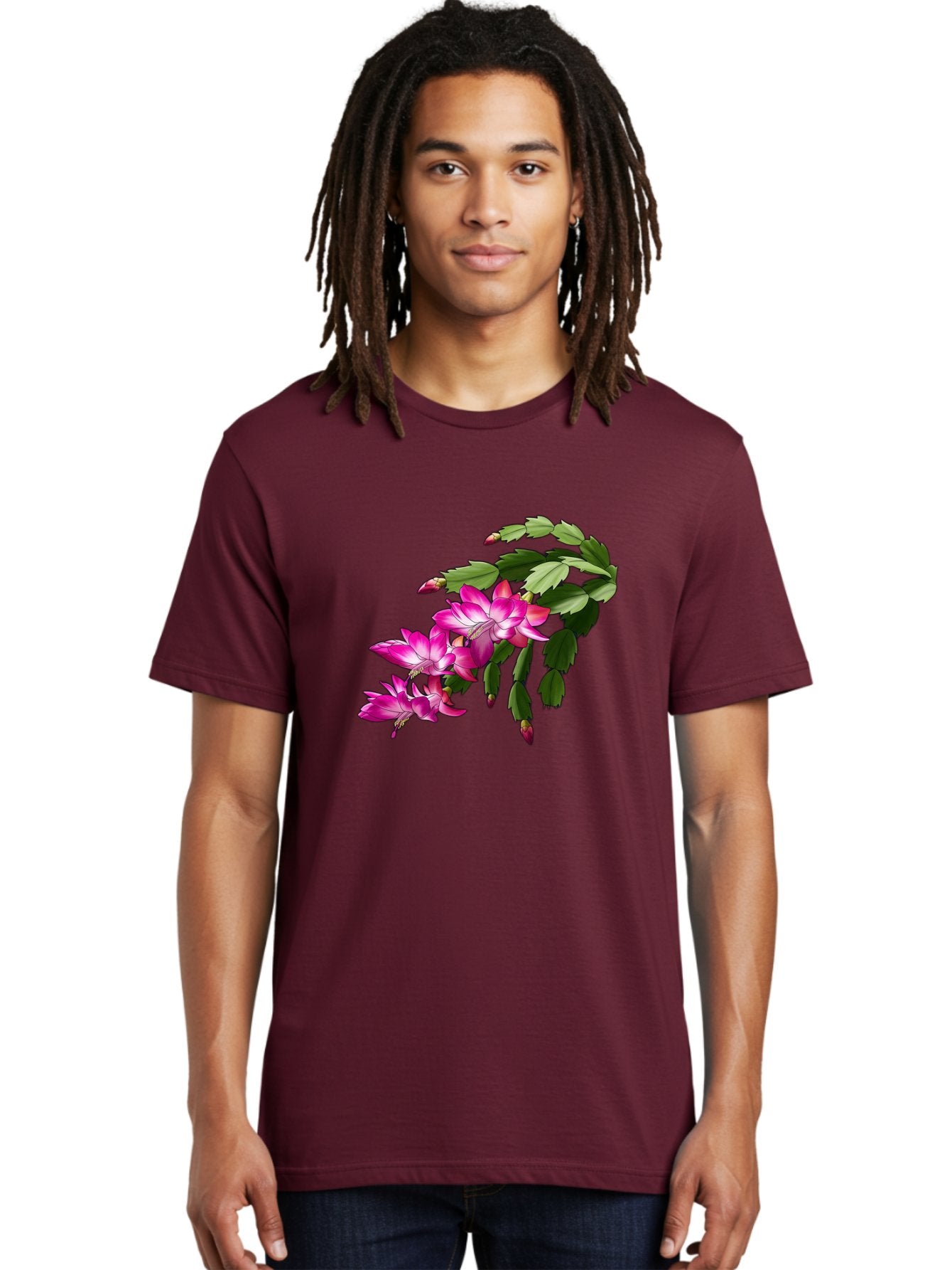 Christmas-Cactus Men'S Graphic Tee, 100% Cotton, Comfortable Casual Summer Wear, Machine Washable, Pink Flowers, Christmas Cactus, Festive Blooms, Holiday Decor, Vibrant Pink, White Accents, Green Leaves, Blooming Plants, Floral Arrangements Bac849 23