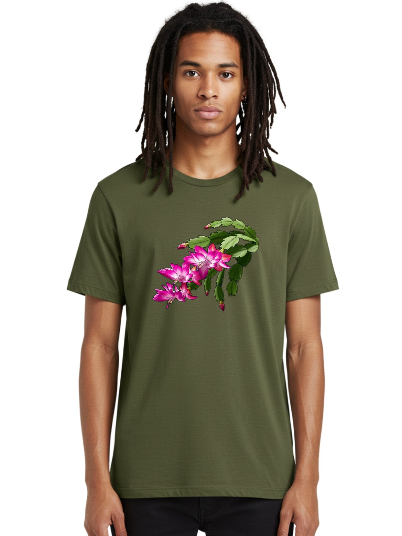 Christmas-Cactus Men'S Graphic Tee, 100% Cotton, Comfortable Casual Summer Wear, Machine Washable, Pink Flowers, Christmas Cactus, Festive Blooms, Holiday Decor, Vibrant Pink, White Accents, Green Leaves, Blooming Plants, Floral Arrangements Bac849 29