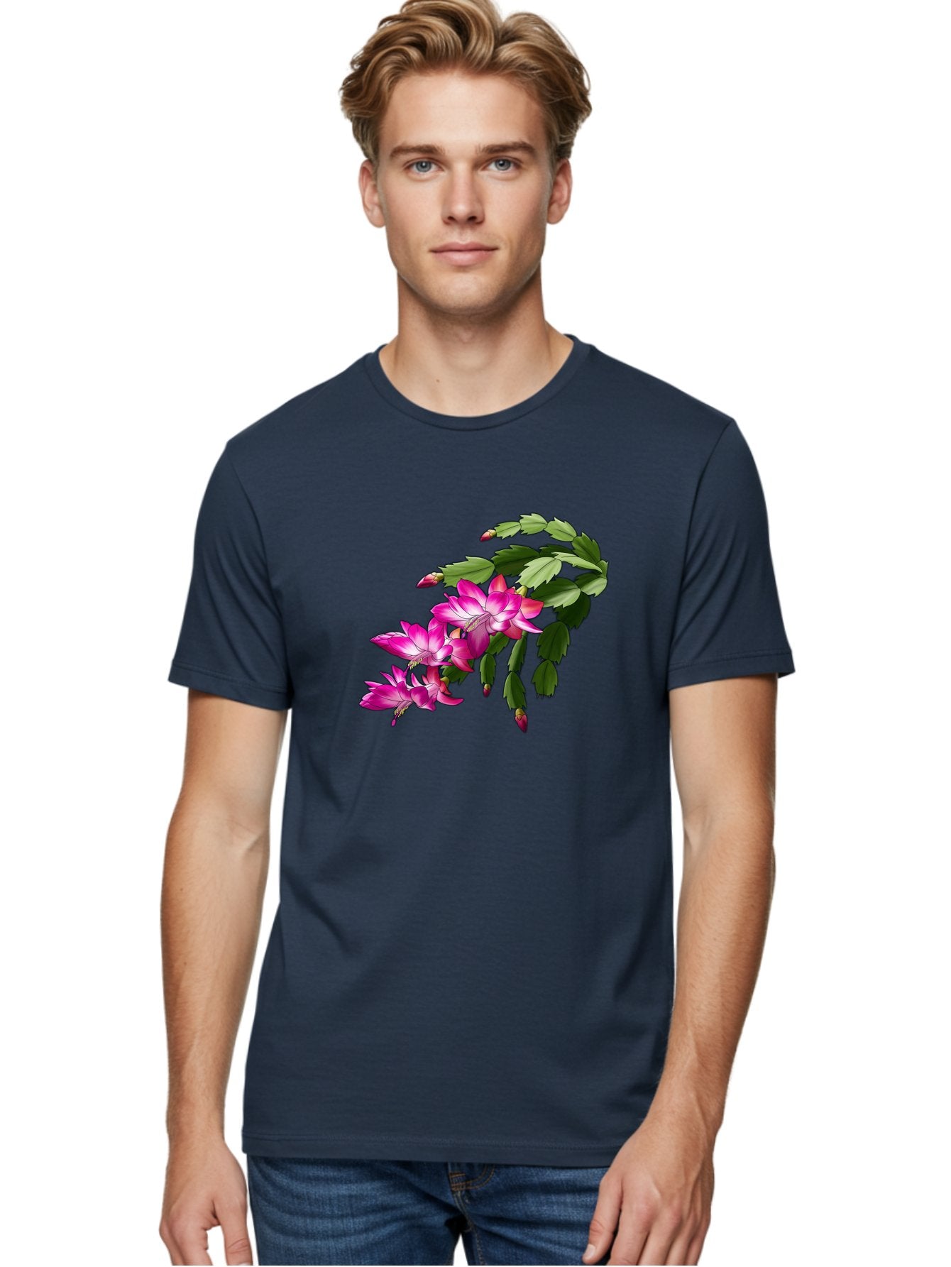 Christmas-Cactus Men'S Graphic Tee, 100% Cotton, Comfortable Casual Summer Wear, Machine Washable, Pink Flowers, Christmas Cactus, Festive Blooms, Holiday Decor, Vibrant Pink, White Accents, Green Leaves, Blooming Plants, Floral Arrangements Bac849 22