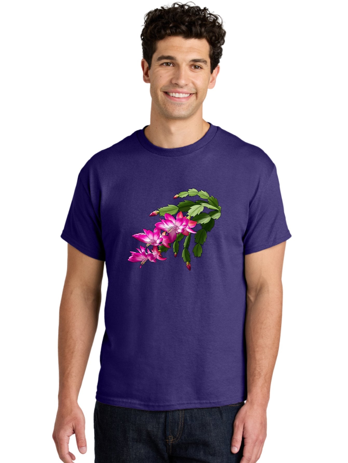 Christmas-Cactus Men'S Graphic Tee, 100% Cotton, Comfortable Casual Summer Wear, Machine Washable, Pink Flowers, Christmas Cactus, Festive Blooms, Holiday Decor, Vibrant Pink, White Accents, Green Leaves, Blooming Plants, Floral Arrangements Bac849 19