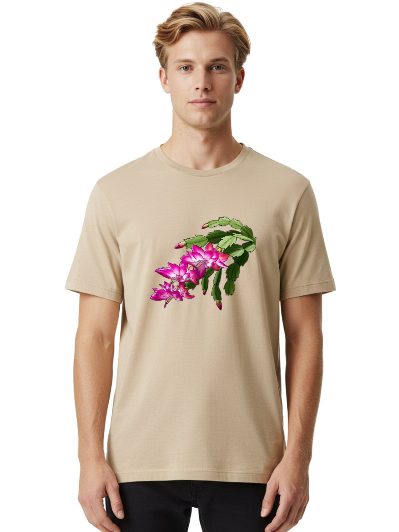 Christmas-Cactus Men'S Graphic Tee, 100% Cotton, Comfortable Casual Summer Wear, Machine Washable, Pink Flowers, Christmas Cactus, Festive Blooms, Holiday Decor, Vibrant Pink, White Accents, Green Leaves, Blooming Plants, Floral Arrangements Bac849 16