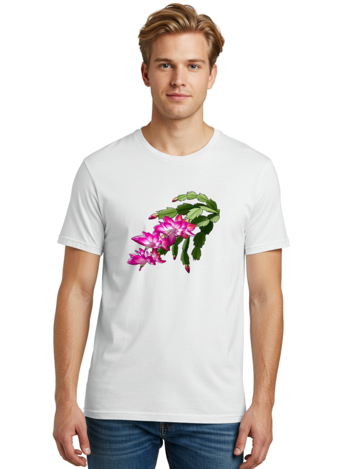 Christmas-Cactus Men'S Graphic Tee, 100% Cotton, Comfortable Casual Summer Wear, Machine Washable, Pink Flowers, Christmas Cactus, Festive Blooms, Holiday Decor, Vibrant Pink, White Accents, Green Leaves, Blooming Plants, Floral Arrangements Bac849 20