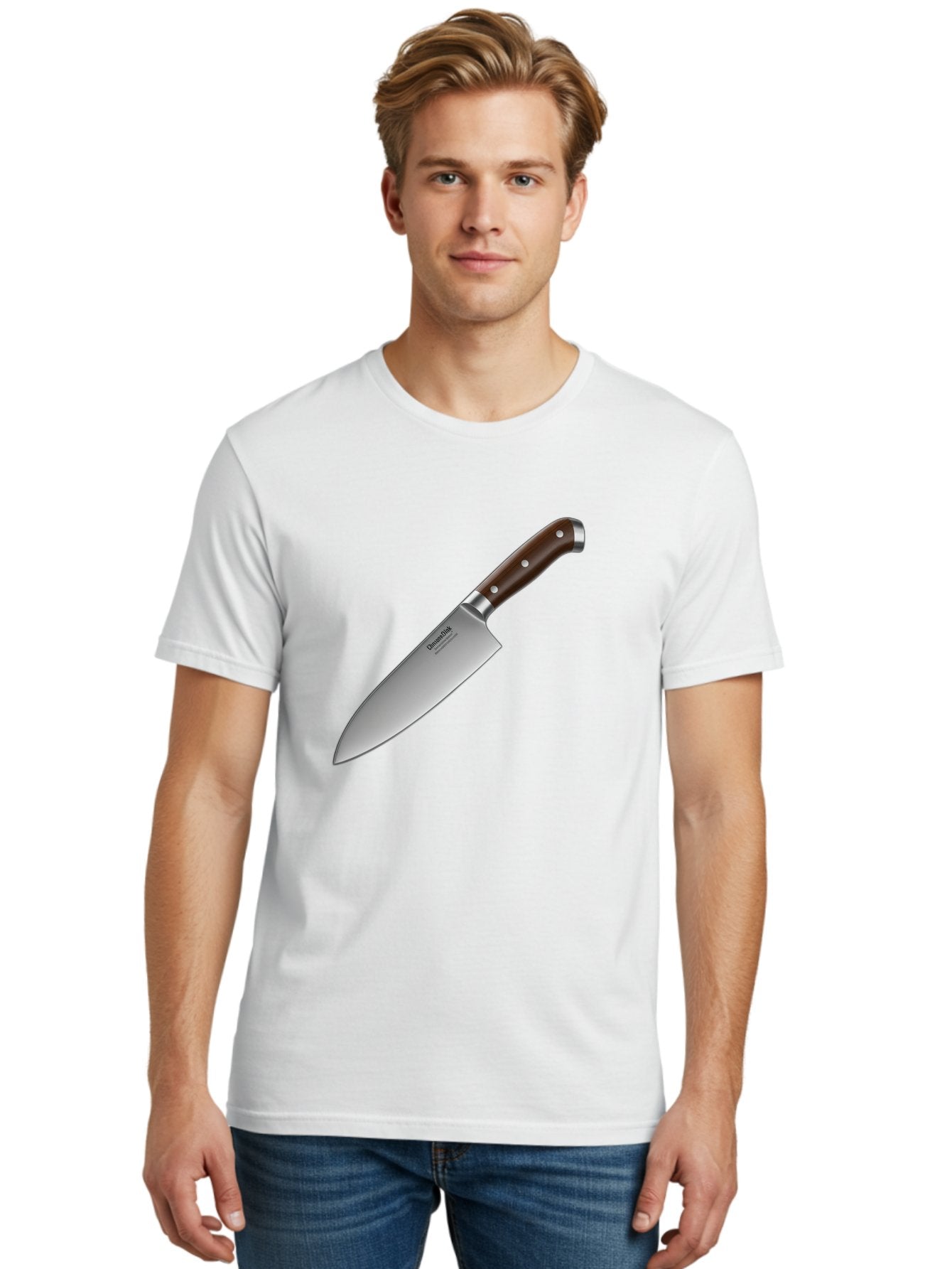 Christofle-Knife Men'S Graphic Tee, 100% Cotton, Comfortable Casual Summer Wear, Machine Washable, Sharp Chef Knife, Stainless Steel Blade, Brown Handle, Silver Rivets, Kitchen Utensil, Cooking Tool, Professional Chef Knife, Sharp Edge Bac850 18
