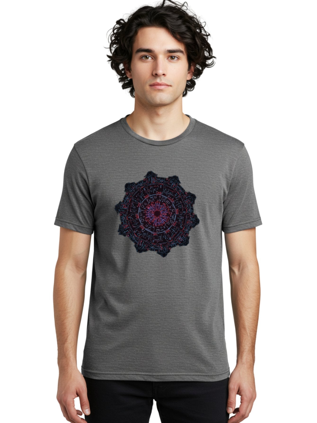 Circuit-Mandala Men'S Graphic Tee, 100% Cotton, Comfortable Casual Summer Wear, Machine Washable, Intricate Circuit Design, Futuristic Mandala, Electronic Art, Digital Pattern, Neon Lights, Abstract Technology, Cyberpunk, Sci-Fi Elements, Bac851 17
