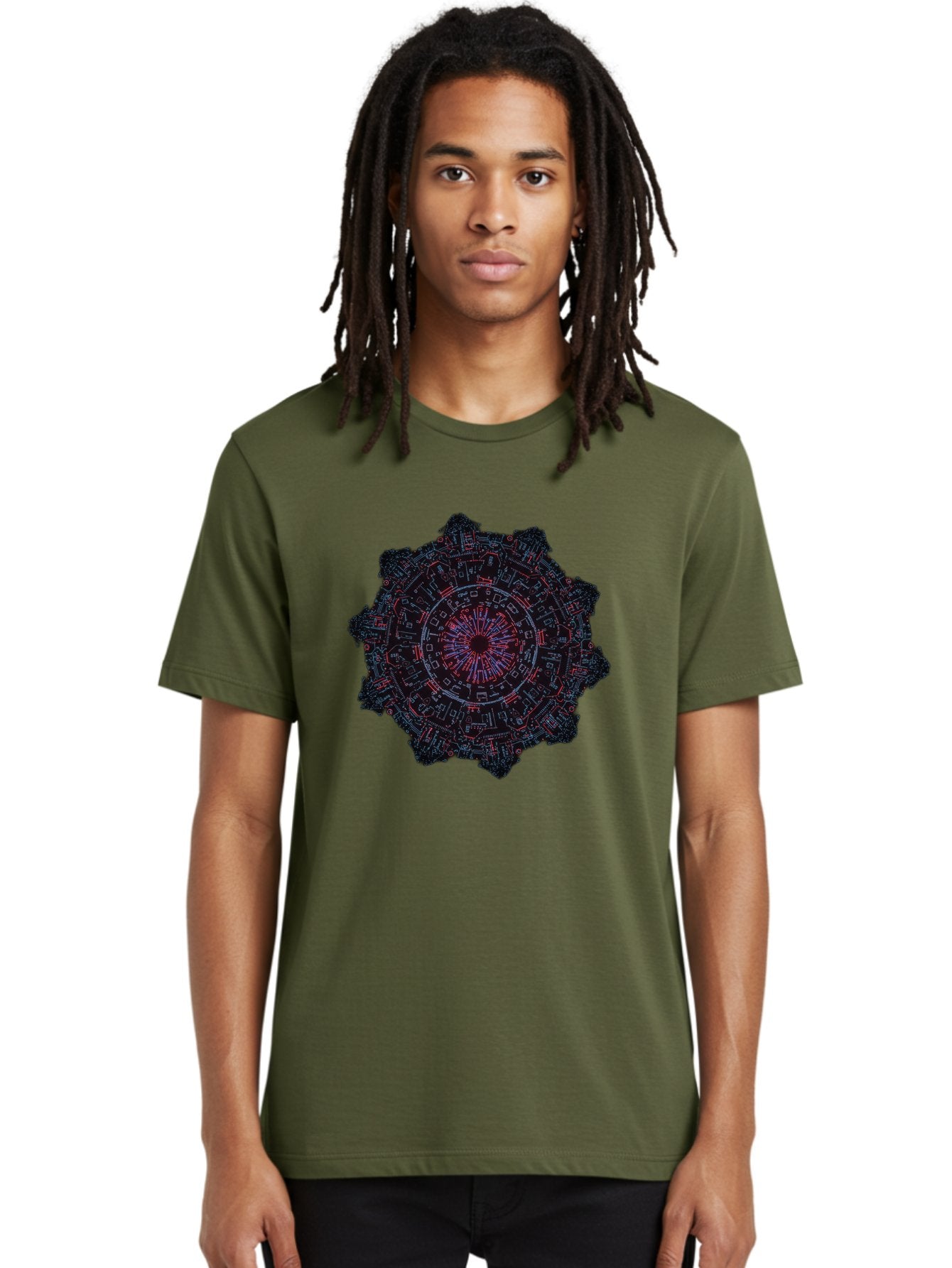 Circuit-Mandala Men'S Graphic Tee, 100% Cotton, Comfortable Casual Summer Wear, Machine Washable, Intricate Circuit Design, Futuristic Mandala, Electronic Art, Digital Pattern, Neon Lights, Abstract Technology, Cyberpunk, Sci-Fi Elements, Bac851 25