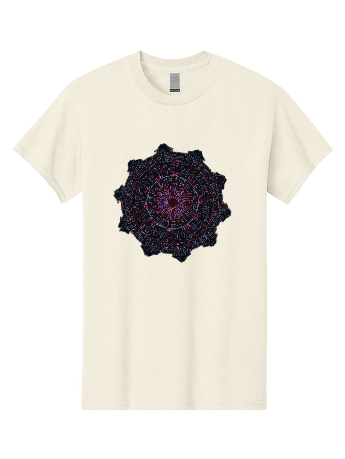 Circuit-Mandala Men'S Graphic Tee, 100% Cotton, Comfortable Casual Summer Wear, Machine Washable, Intricate Circuit Design, Futuristic Mandala, Electronic Art, Digital Pattern, Neon Lights, Abstract Technology, Cyberpunk, Sci-Fi Elements, Bac851 5