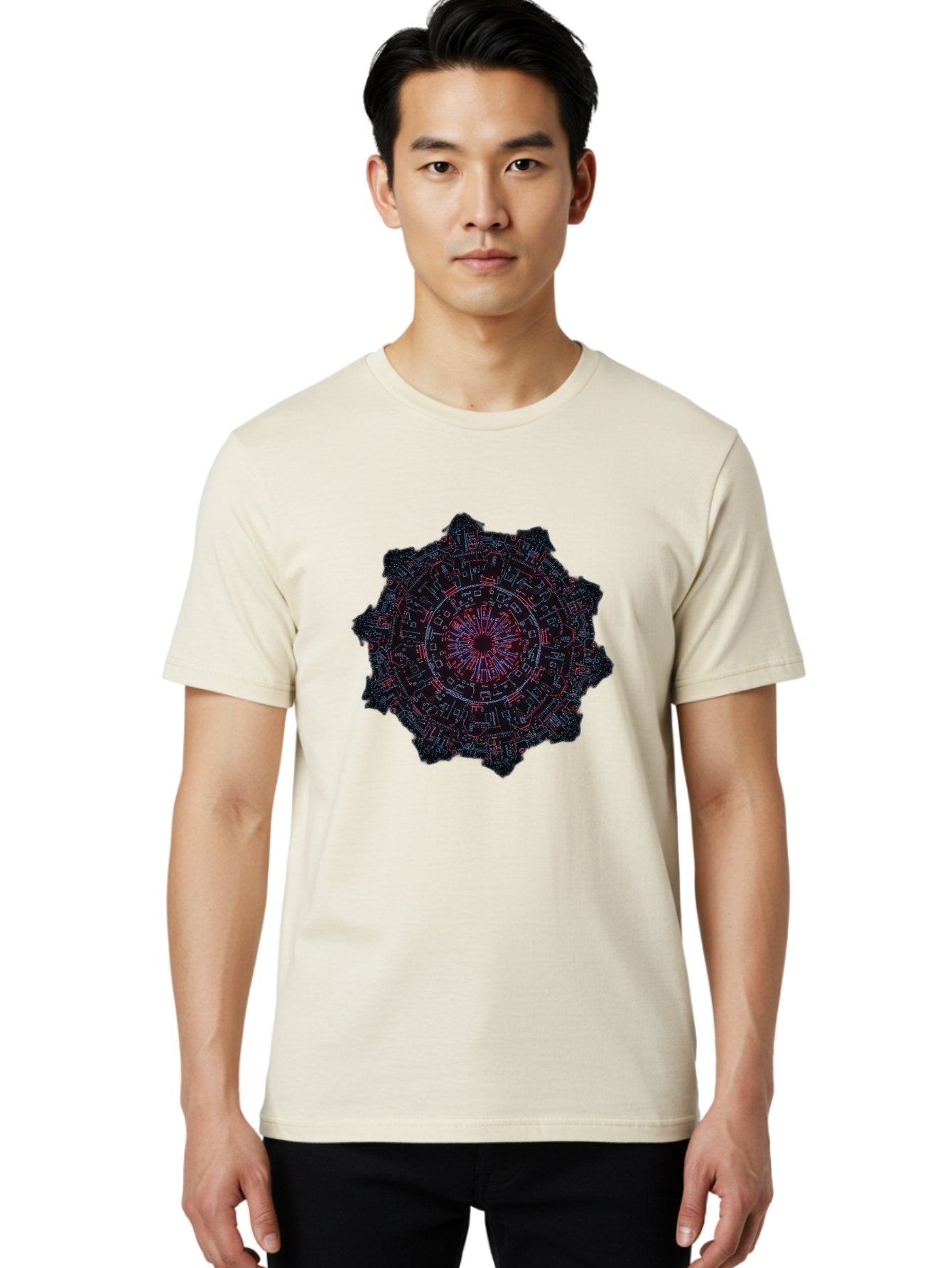 Circuit-Mandala Men'S Graphic Tee, 100% Cotton, Comfortable Casual Summer Wear, Machine Washable, Intricate Circuit Design, Futuristic Mandala, Electronic Art, Digital Pattern, Neon Lights, Abstract Technology, Cyberpunk, Sci-Fi Elements, Bac851 23