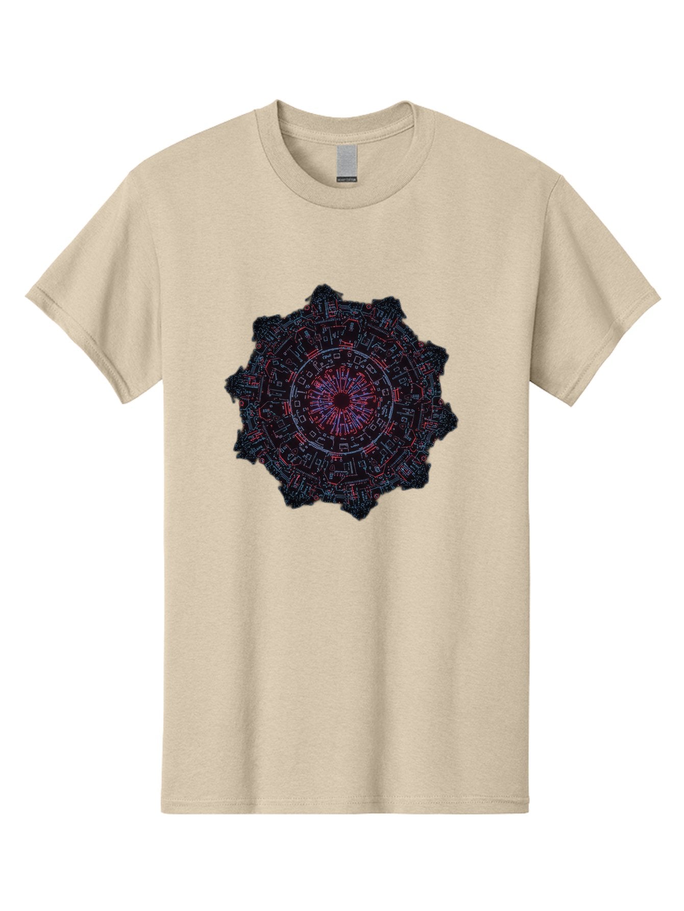 Circuit-Mandala Men'S Graphic Tee, 100% Cotton, Comfortable Casual Summer Wear, Machine Washable, Intricate Circuit Design, Futuristic Mandala, Electronic Art, Digital Pattern, Neon Lights, Abstract Technology, Cyberpunk, Sci-Fi Elements, Bac851 14