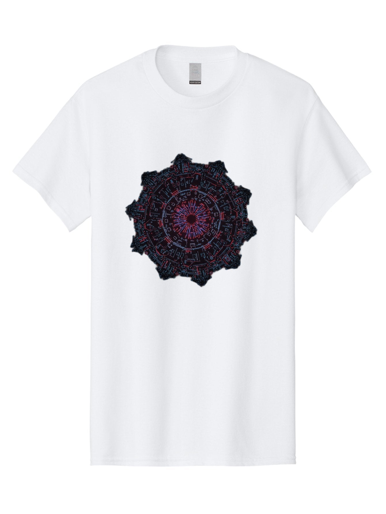 Circuit-Mandala Men'S Graphic Tee, 100% Cotton, Comfortable Casual Summer Wear, Machine Washable, Intricate Circuit Design, Futuristic Mandala, Electronic Art, Digital Pattern, Neon Lights, Abstract Technology, Cyberpunk, Sci-Fi Elements, Bac851