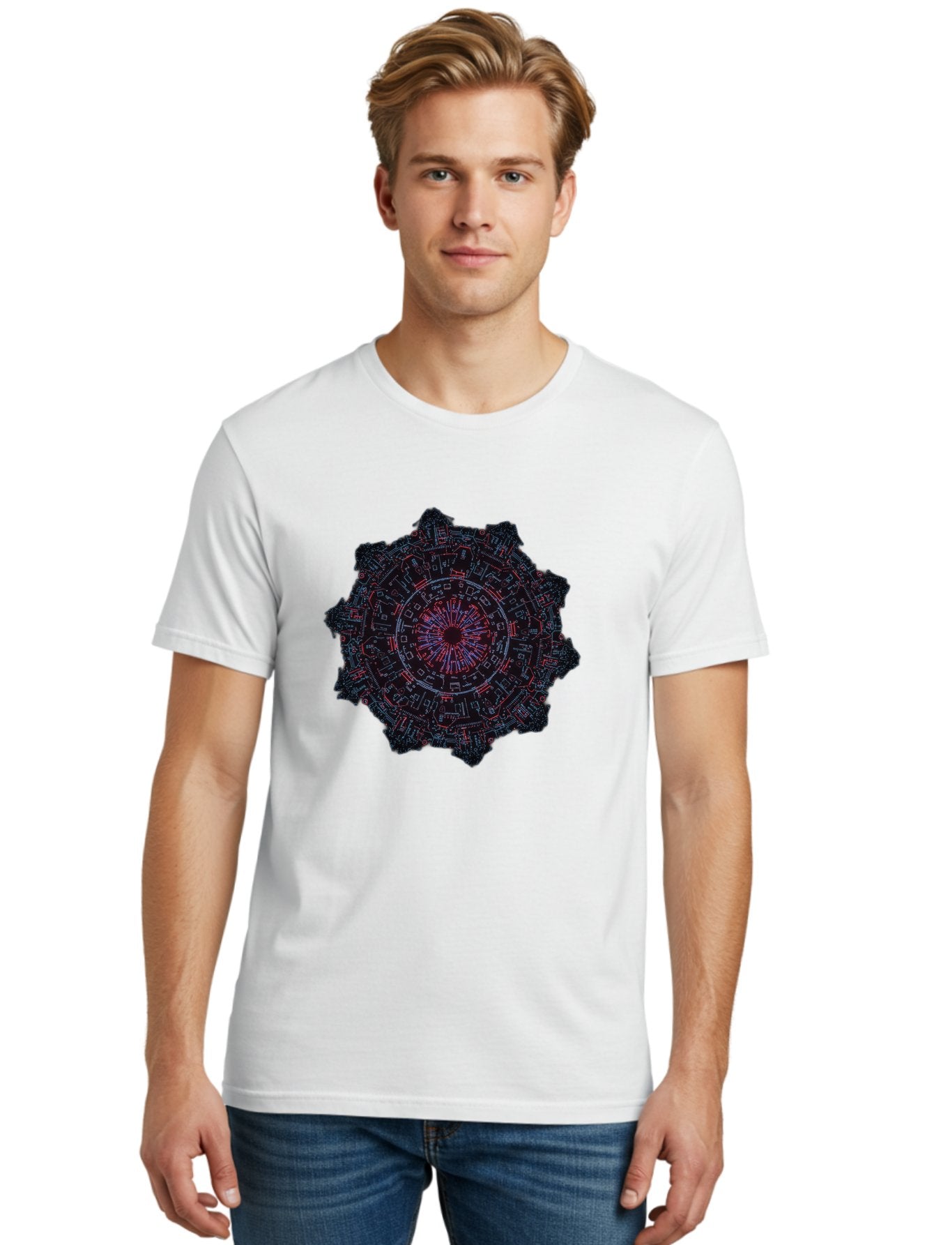 Circuit-Mandala Men'S Graphic Tee, 100% Cotton, Comfortable Casual Summer Wear, Machine Washable, Intricate Circuit Design, Futuristic Mandala, Electronic Art, Digital Pattern, Neon Lights, Abstract Technology, Cyberpunk, Sci-Fi Elements, Bac851 19