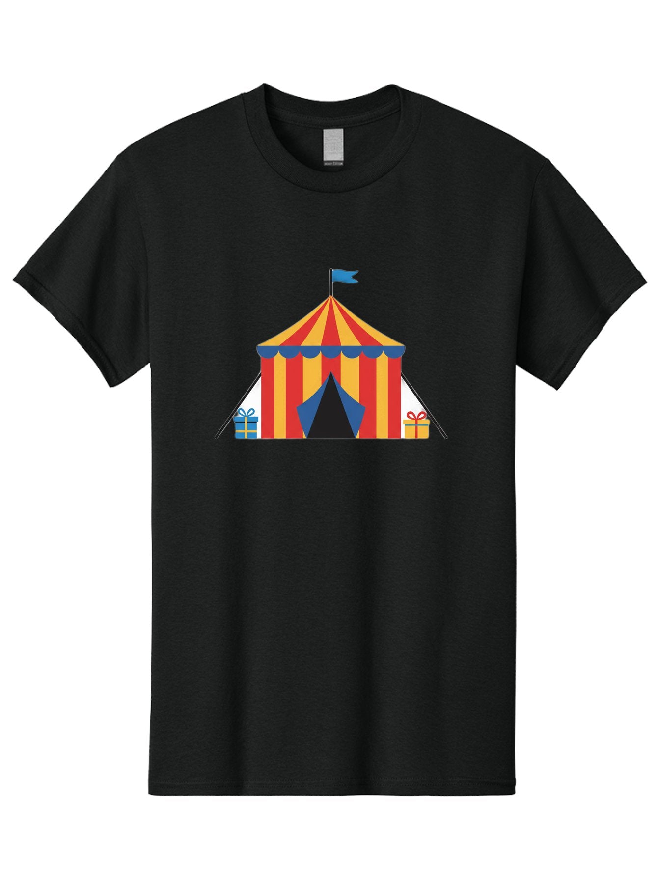 Circus-Tent-1 Men'S Graphic Tee, 100% Cotton, Comfortable Casual Summer Wear, Machine Washable, Circus Tent, Red And Yellow Stripes, Blue Flag, Blue Awning, Gift Boxes, Carnival Atmosphere, Festive Decorations, Colorful Illustration, Bac852