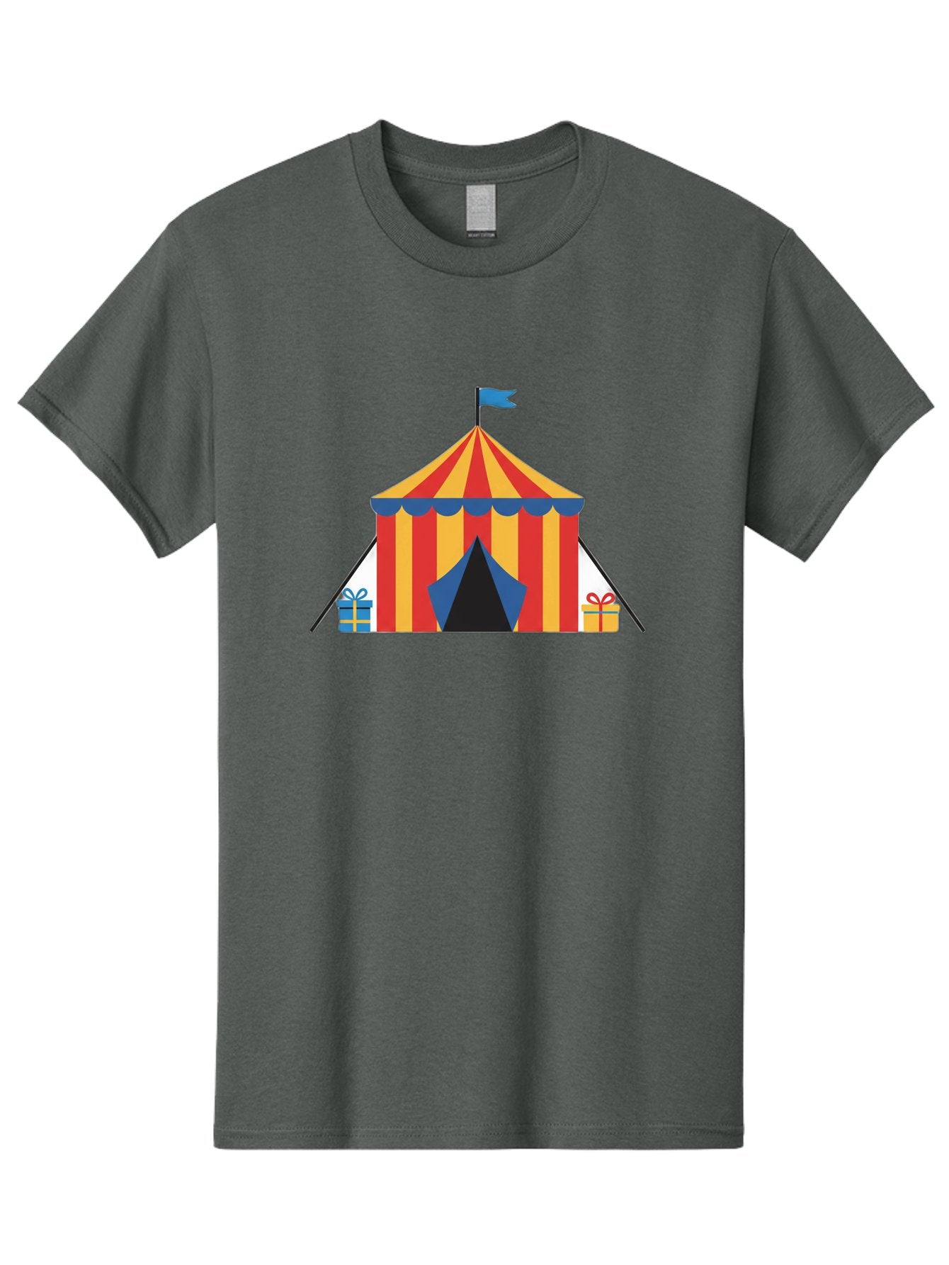 Circus-Tent-1 Men'S Graphic Tee, 100% Cotton, Comfortable Casual Summer Wear, Machine Washable, Circus Tent, Red And Yellow Stripes, Blue Flag, Blue Awning, Gift Boxes, Carnival Atmosphere, Festive Decorations, Colorful Illustration, Bac852 12