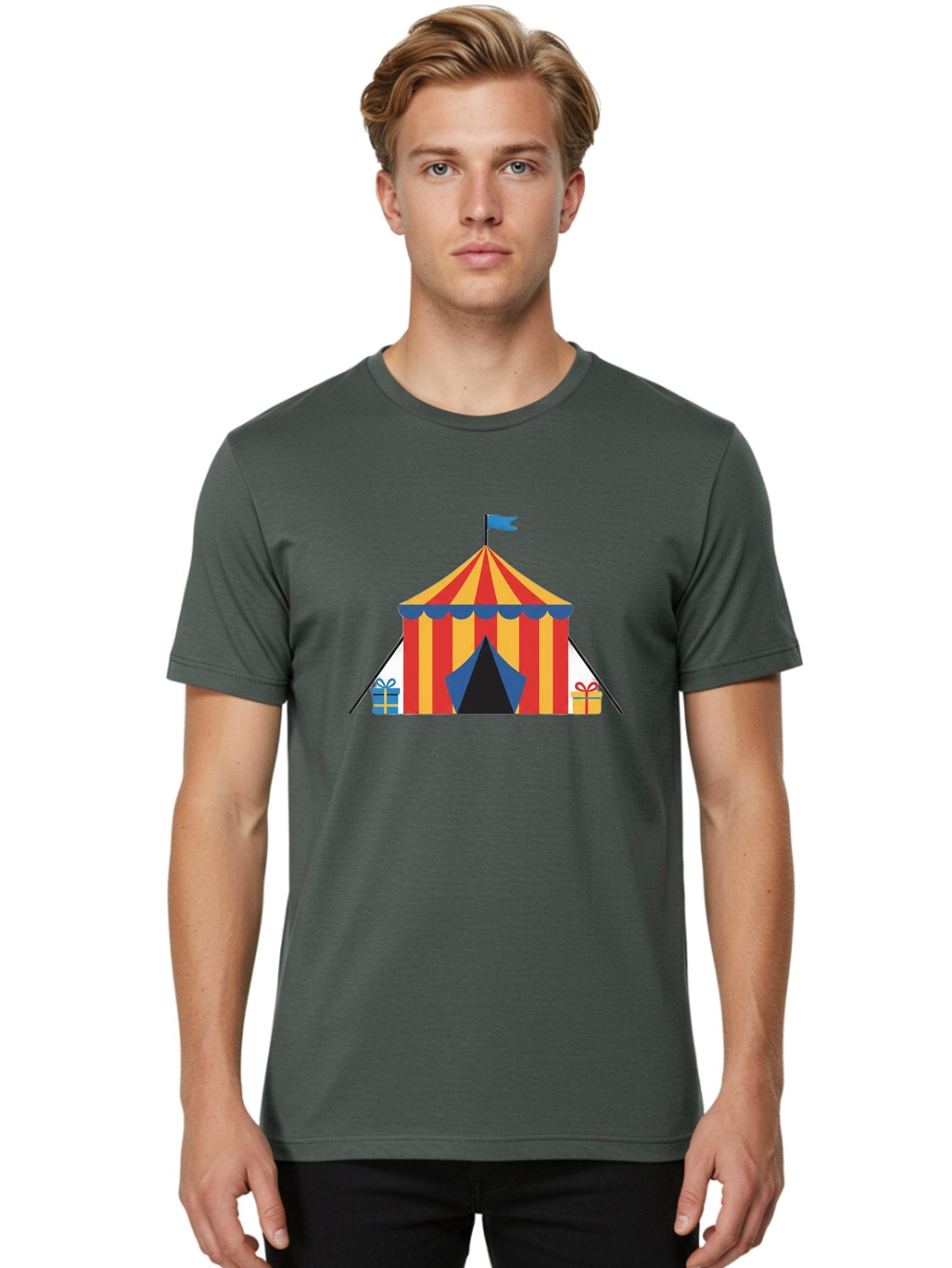 Circus-Tent-1 Men'S Graphic Tee, 100% Cotton, Comfortable Casual Summer Wear, Machine Washable, Circus Tent, Red And Yellow Stripes, Blue Flag, Blue Awning, Gift Boxes, Carnival Atmosphere, Festive Decorations, Colorful Illustration, Bac852 28