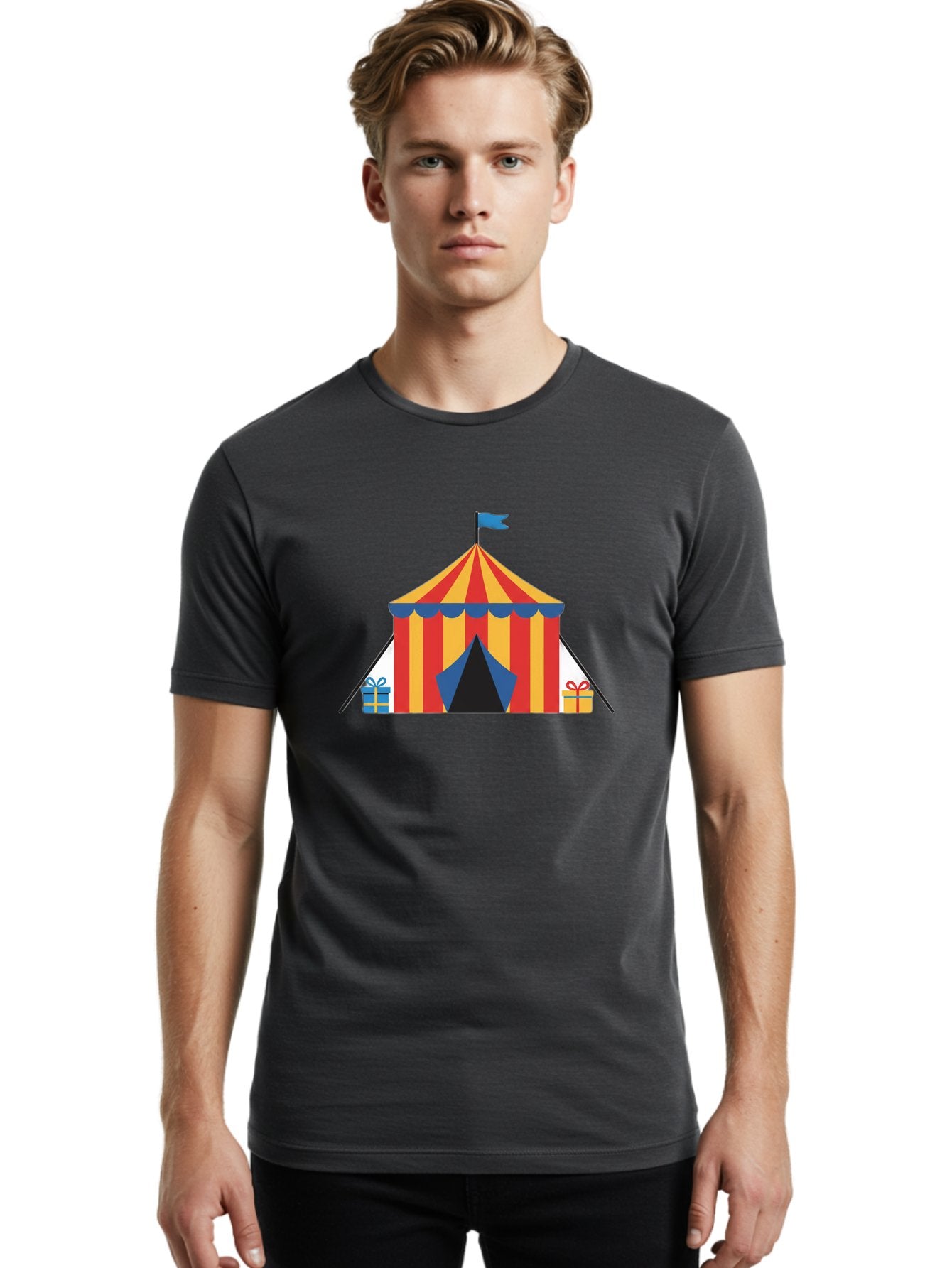 Circus-Tent-1 Men'S Graphic Tee, 100% Cotton, Comfortable Casual Summer Wear, Machine Washable, Circus Tent, Red And Yellow Stripes, Blue Flag, Blue Awning, Gift Boxes, Carnival Atmosphere, Festive Decorations, Colorful Illustration, Bac852 22