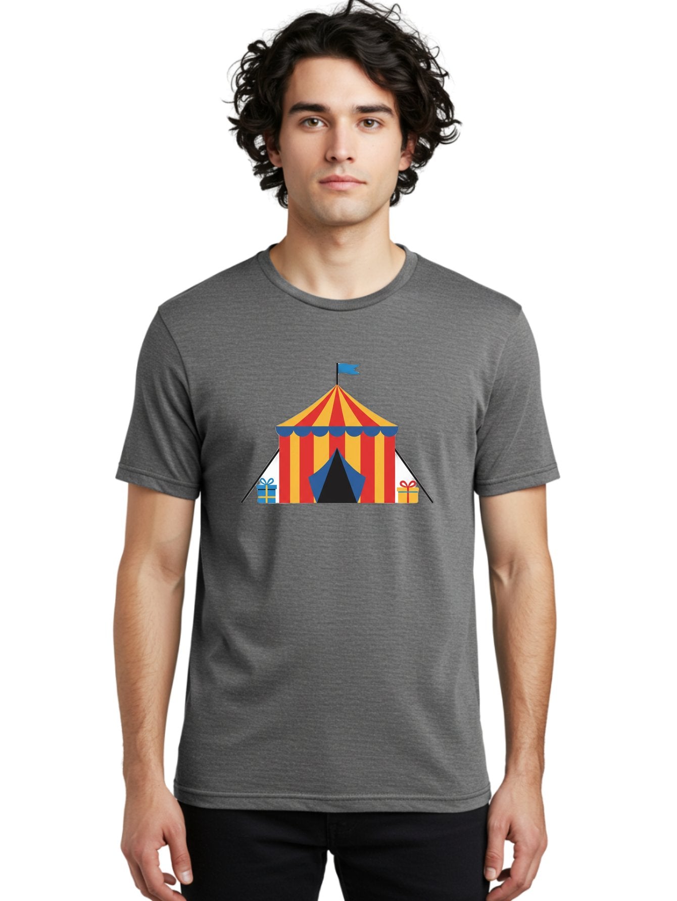 Circus-Tent-1 Men'S Graphic Tee, 100% Cotton, Comfortable Casual Summer Wear, Machine Washable, Circus Tent, Red And Yellow Stripes, Blue Flag, Blue Awning, Gift Boxes, Carnival Atmosphere, Festive Decorations, Colorful Illustration, Bac852 27