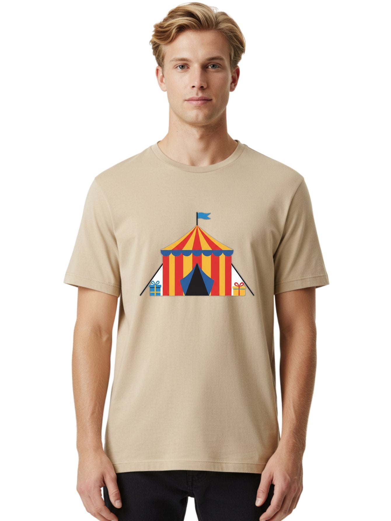 Circus-Tent-1 Men'S Graphic Tee, 100% Cotton, Comfortable Casual Summer Wear, Machine Washable, Circus Tent, Red And Yellow Stripes, Blue Flag, Blue Awning, Gift Boxes, Carnival Atmosphere, Festive Decorations, Colorful Illustration, Bac852 25