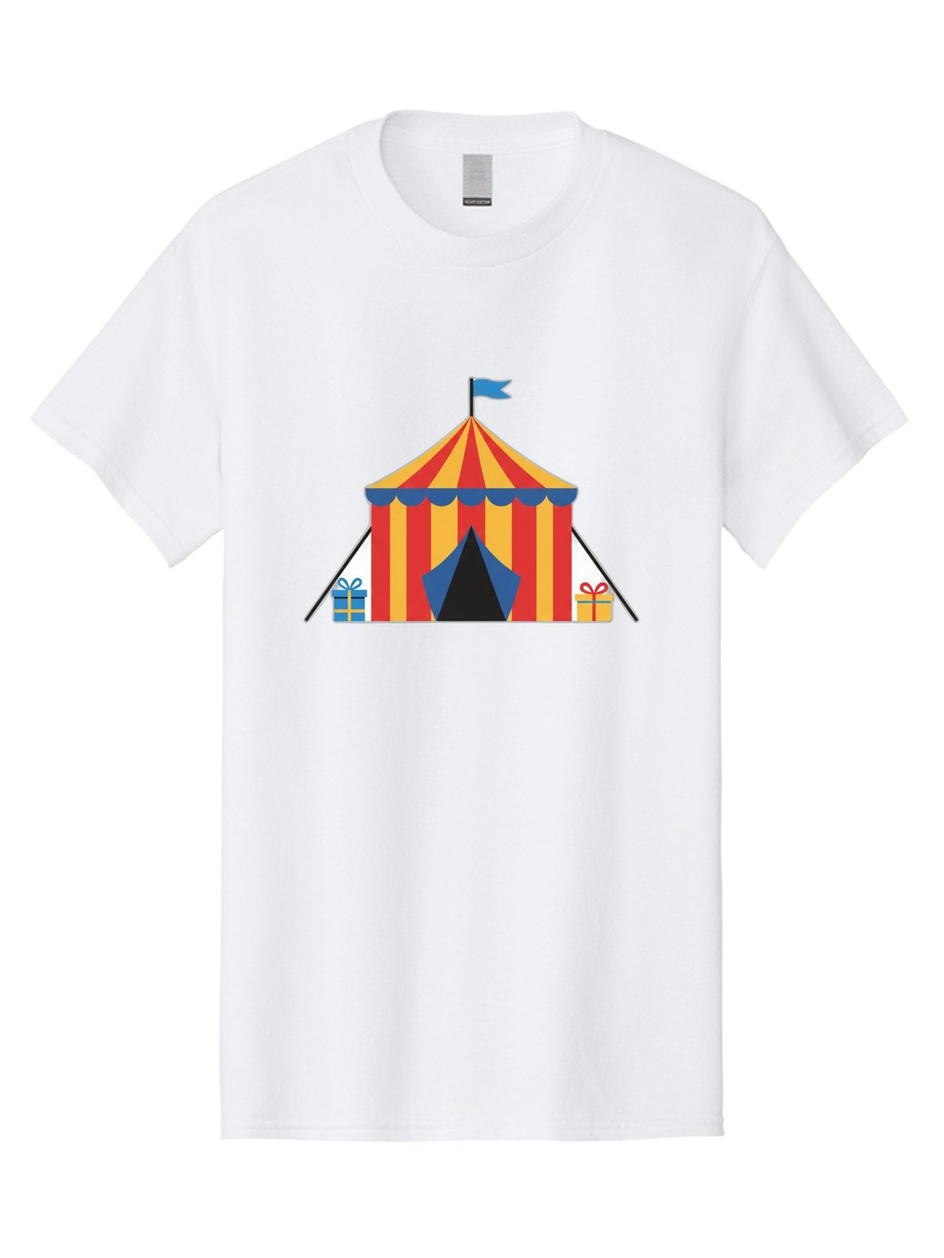 Circus-Tent-1 Men'S Graphic Tee, 100% Cotton, Comfortable Casual Summer Wear, Machine Washable, Circus Tent, Red And Yellow Stripes, Blue Flag, Blue Awning, Gift Boxes, Carnival Atmosphere, Festive Decorations, Colorful Illustration, Bac852 14