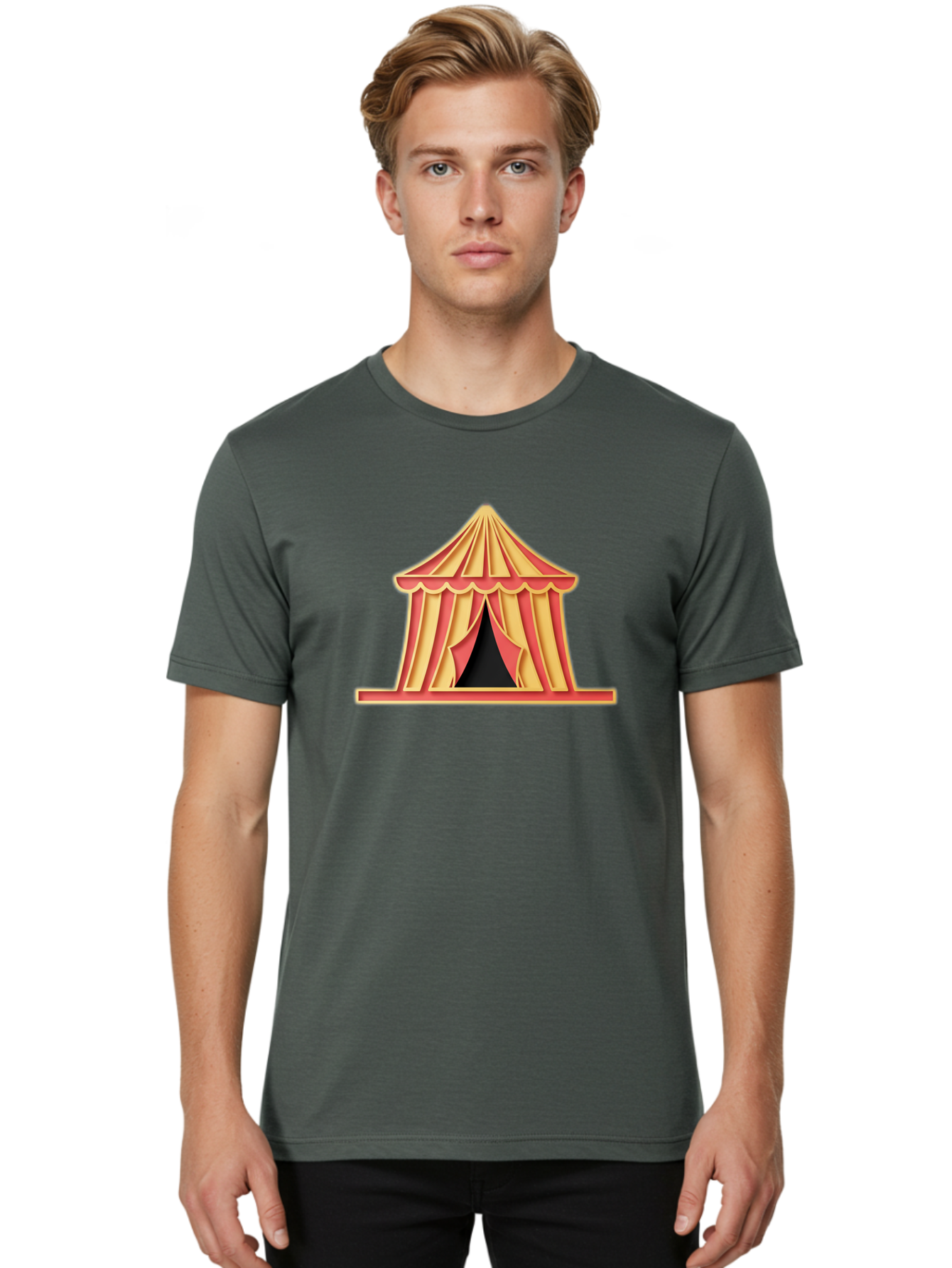 Circus-Tent-2 Men'S Graphic Tee, 100% Cotton, Comfortable Casual Summer Wear, Machine Washable, Yellow And Red Striped Tent, Vintage Circus, Carnival Theme, Red And Yellow Colors, Striped Pattern, Entertainment Venue, Amusement Park Bac853 23