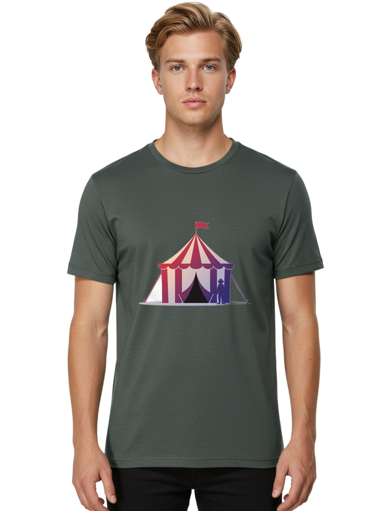 Circus-Tent-3 Men'S Graphic Tee, 100% Cotton, Comfortable Casual Summer Wear, Machine Washable, Striped Circus Tent, Red And White Stripes, Silhouetted Man, Vintage Top Hat, Retro Carnival, Festive Atmosphere, Tent Entrance Bac854 16