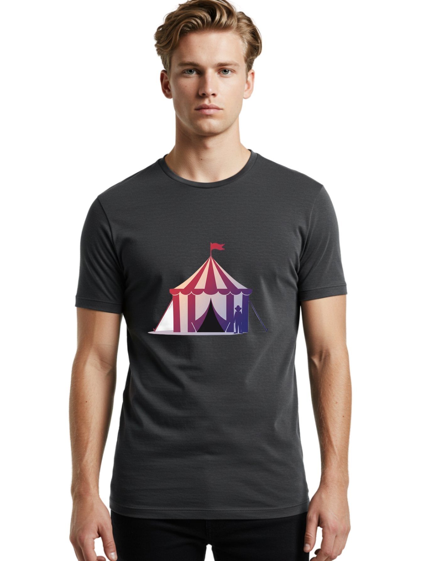 Circus-Tent-3 Men'S Graphic Tee, 100% Cotton, Comfortable Casual Summer Wear, Machine Washable, Striped Circus Tent, Red And White Stripes, Silhouetted Man, Vintage Top Hat, Retro Carnival, Festive Atmosphere, Tent Entrance Bac854 24