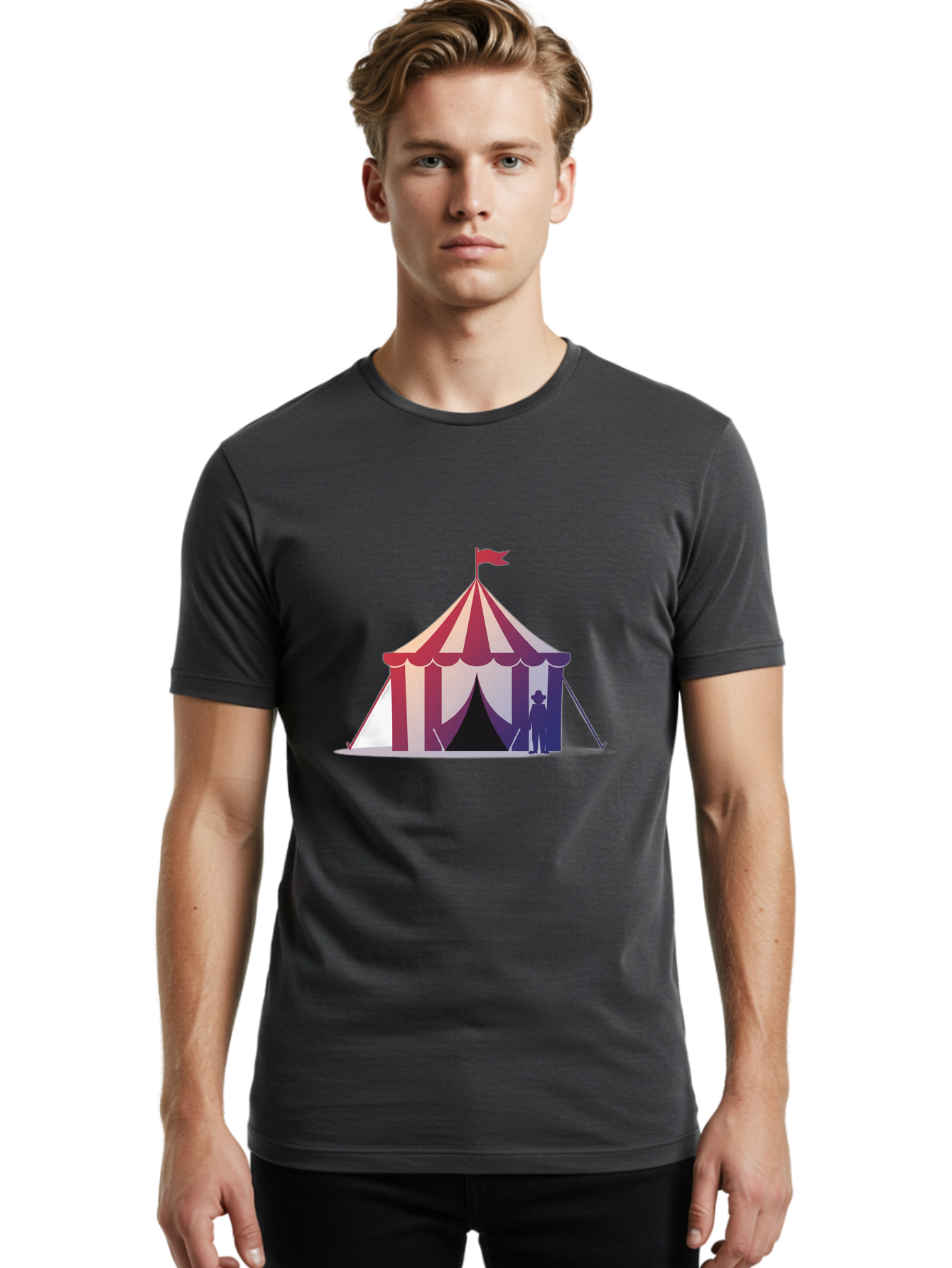 Circus-Tent-3 Men'S Graphic Tee, 100% Cotton, Comfortable Casual Summer Wear, Machine Washable, Striped Circus Tent, Red And White Stripes, Silhouetted Man, Vintage Top Hat, Retro Carnival, Festive Atmosphere, Tent Entrance Bac854 22