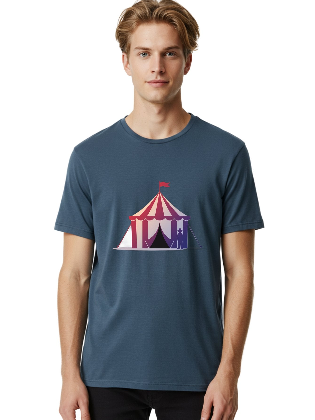 Circus-Tent-3 Men'S Graphic Tee, 100% Cotton, Comfortable Casual Summer Wear, Machine Washable, Striped Circus Tent, Red And White Stripes, Silhouetted Man, Vintage Top Hat, Retro Carnival, Festive Atmosphere, Tent Entrance Bac854 25