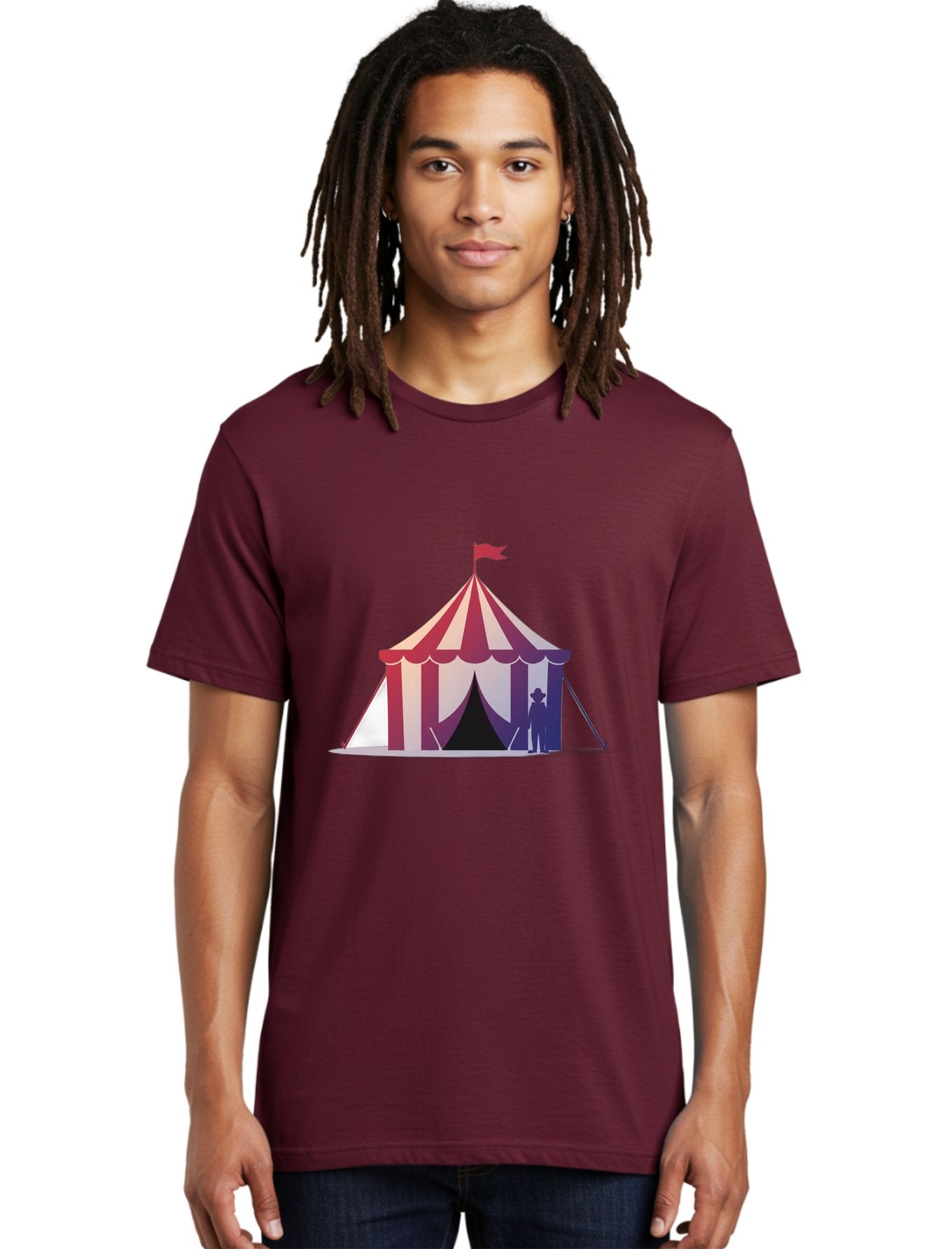 Circus-Tent-3 Men'S Graphic Tee, 100% Cotton, Comfortable Casual Summer Wear, Machine Washable, Striped Circus Tent, Red And White Stripes, Silhouetted Man, Vintage Top Hat, Retro Carnival, Festive Atmosphere, Tent Entrance Bac854 21