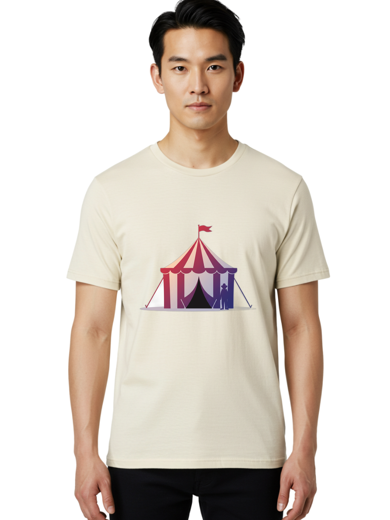 Circus-Tent-3 Men'S Graphic Tee, 100% Cotton, Comfortable Casual Summer Wear, Machine Washable, Striped Circus Tent, Red And White Stripes, Silhouetted Man, Vintage Top Hat, Retro Carnival, Festive Atmosphere, Tent Entrance Bac854 23