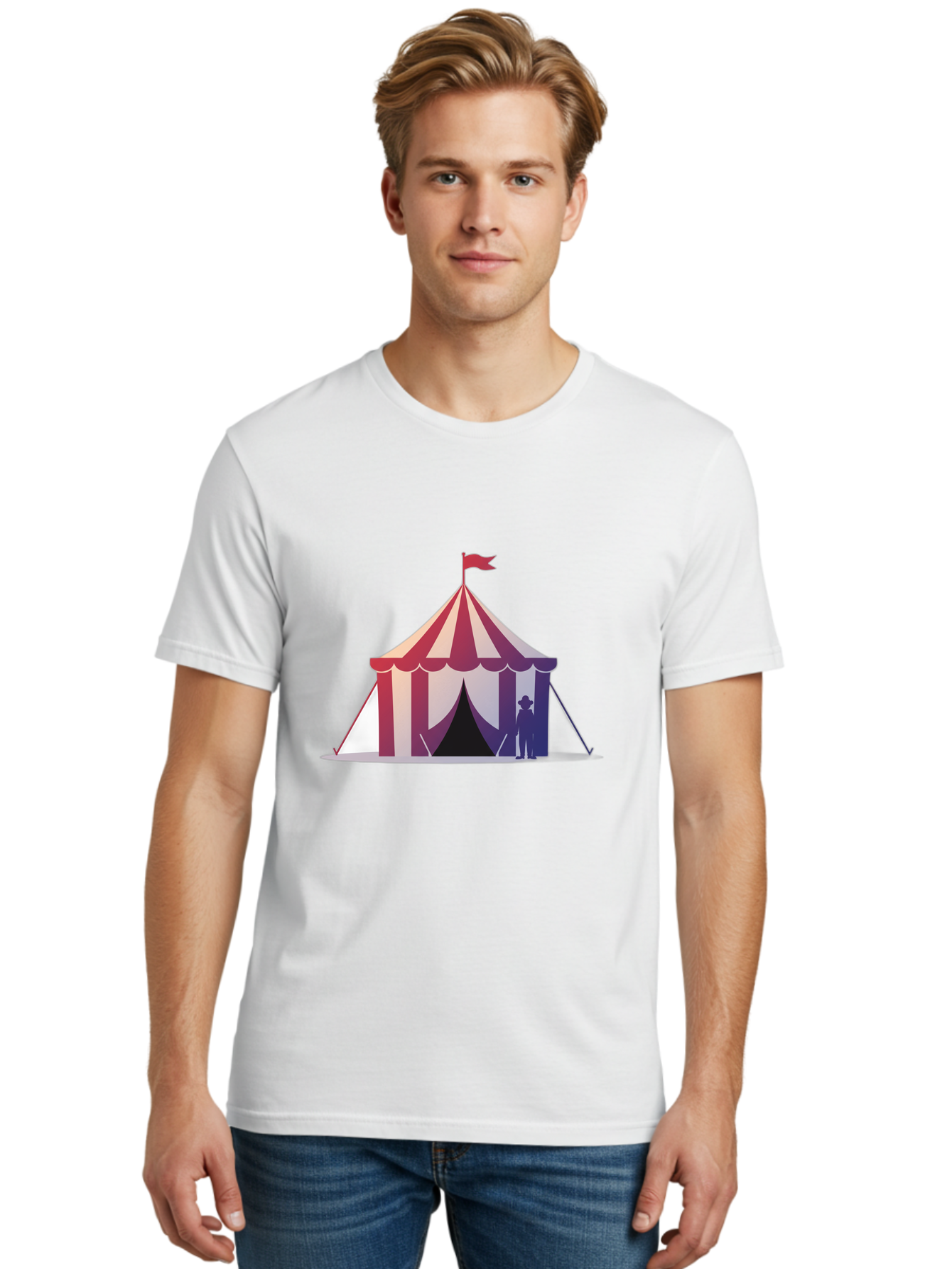 Circus-Tent-3 Men'S Graphic Tee, 100% Cotton, Comfortable Casual Summer Wear, Machine Washable, Striped Circus Tent, Red And White Stripes, Silhouetted Man, Vintage Top Hat, Retro Carnival, Festive Atmosphere, Tent Entrance Bac854 27