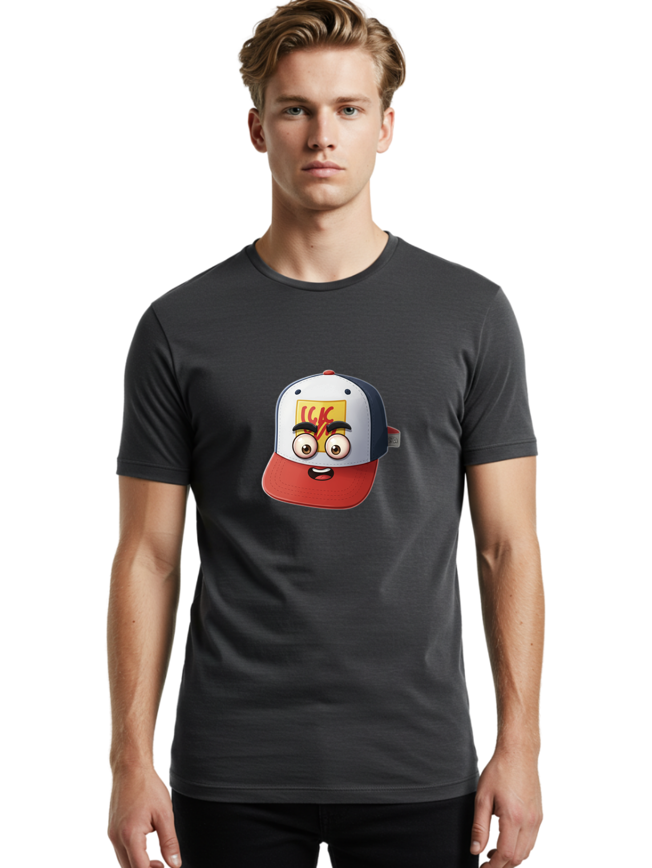 Ckc-Cap Men'S Graphic Tee, 100% Cotton, Comfortable Casual Summer Wear, Machine Washable, Cartoon Cap, Baseball Hat, Funny Face, Cartoon Eyes, Eyebrow Expression, Casual Wear, Trendy Accessory, Youth Culture, Pop Art, Kawaii Style Bac858 18
