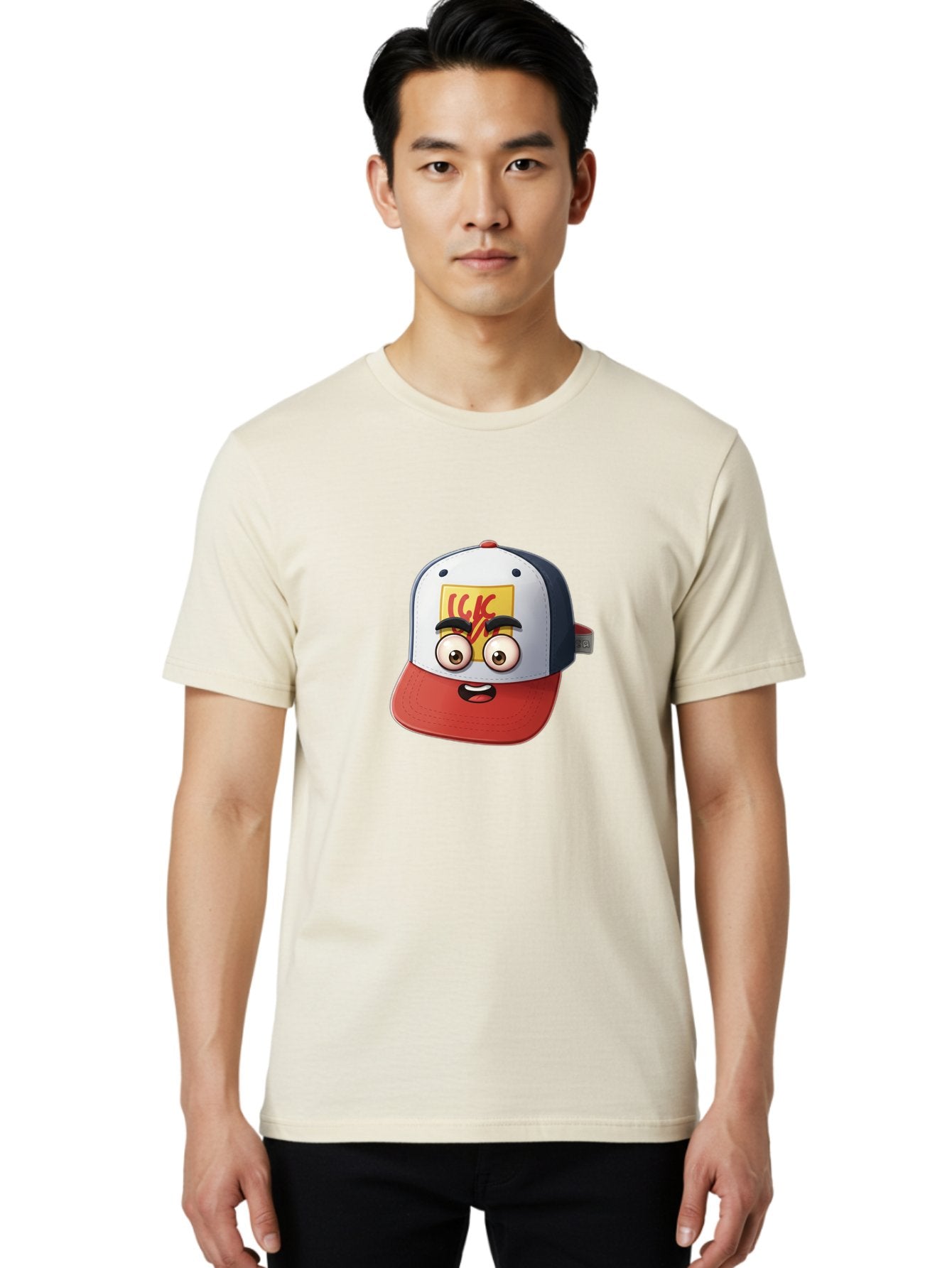 Ckc-Cap Men'S Graphic Tee, 100% Cotton, Comfortable Casual Summer Wear, Machine Washable, Cartoon Cap, Baseball Hat, Funny Face, Cartoon Eyes, Eyebrow Expression, Casual Wear, Trendy Accessory, Youth Culture, Pop Art, Kawaii Style Bac858 22