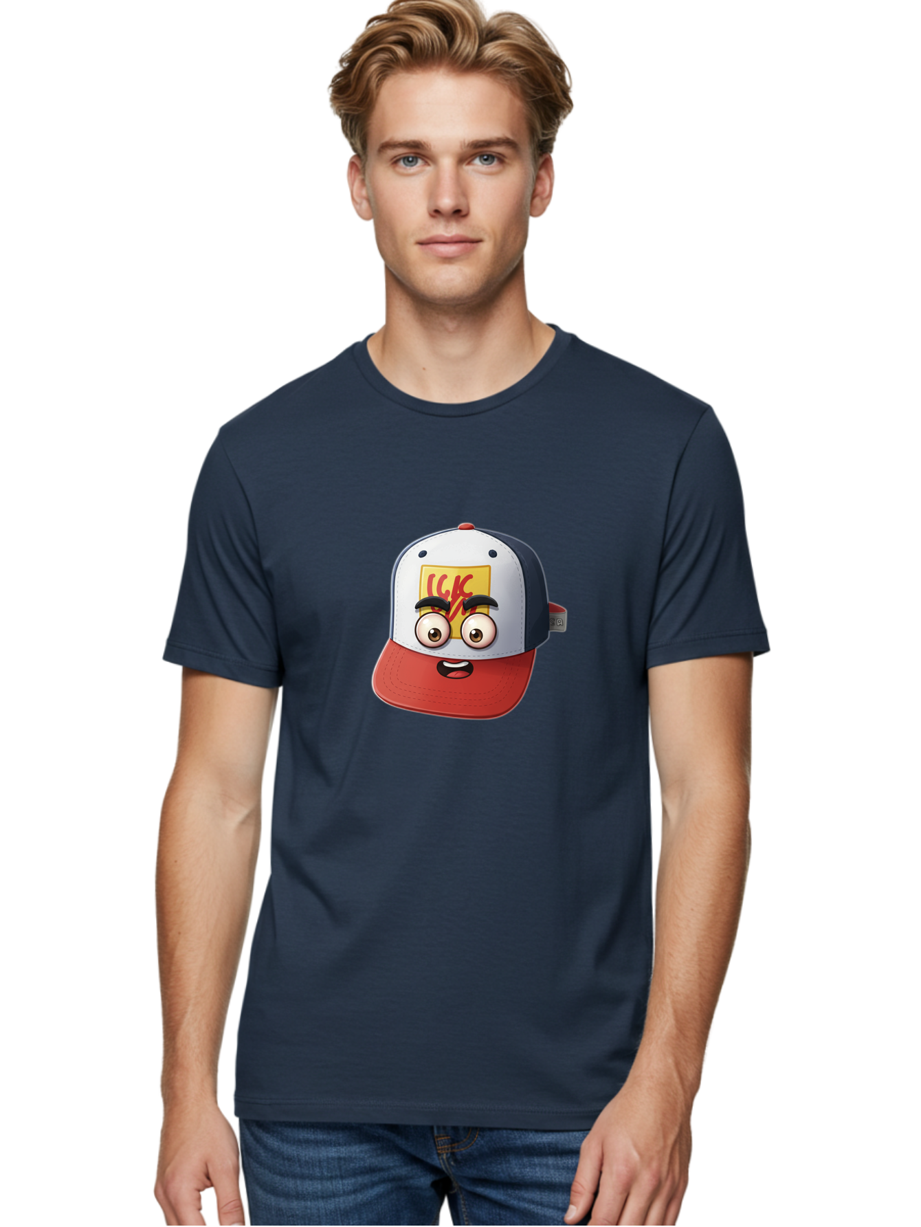 Ckc-Cap Men'S Graphic Tee, 100% Cotton, Comfortable Casual Summer Wear, Machine Washable, Cartoon Cap, Baseball Hat, Funny Face, Cartoon Eyes, Eyebrow Expression, Casual Wear, Trendy Accessory, Youth Culture, Pop Art, Kawaii Style Bac858 23