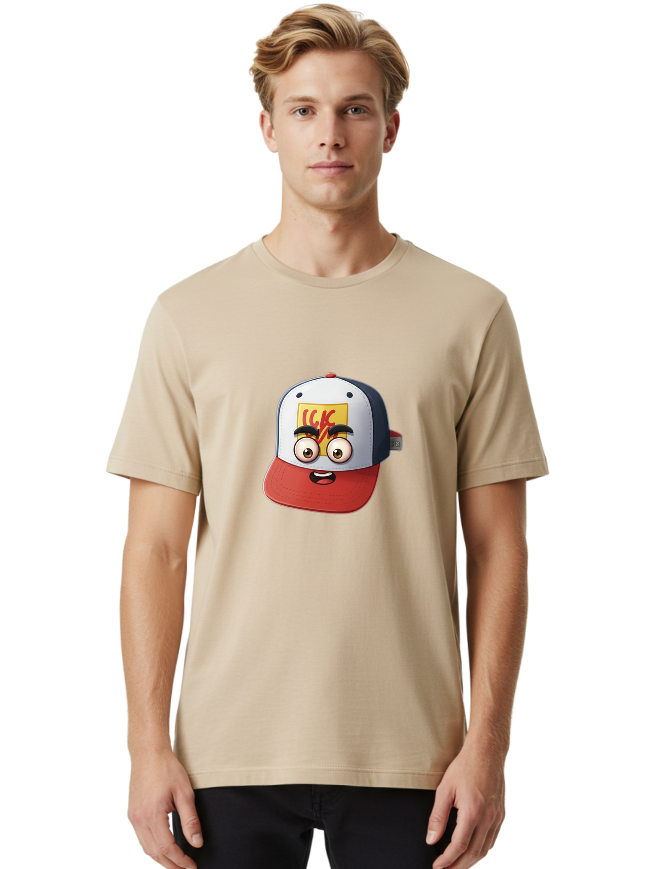 Ckc-Cap Men'S Graphic Tee, 100% Cotton, Comfortable Casual Summer Wear, Machine Washable, Cartoon Cap, Baseball Hat, Funny Face, Cartoon Eyes, Eyebrow Expression, Casual Wear, Trendy Accessory, Youth Culture, Pop Art, Kawaii Style Bac858 16