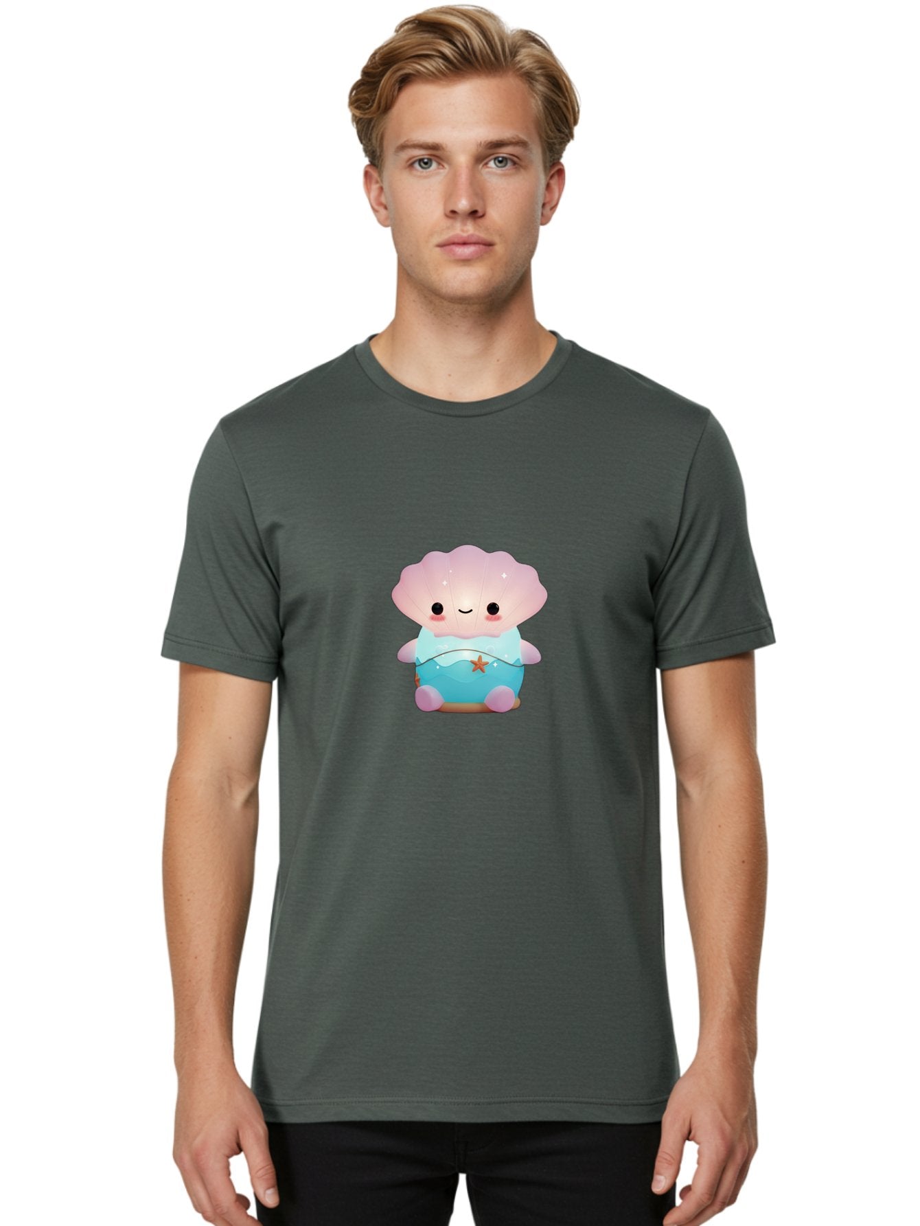 Clamshell-Character Men'S Graphic Tee, 100% Cotton, Comfortable Casual Summer Wear, Machine Washable, Soft Pink Jellyfish, Night Light, Soothing Ambiance, Underwater Decor, Ocean-Inspired Design, Peaceful Lighting, Cozy Bedroom, Bac859 27