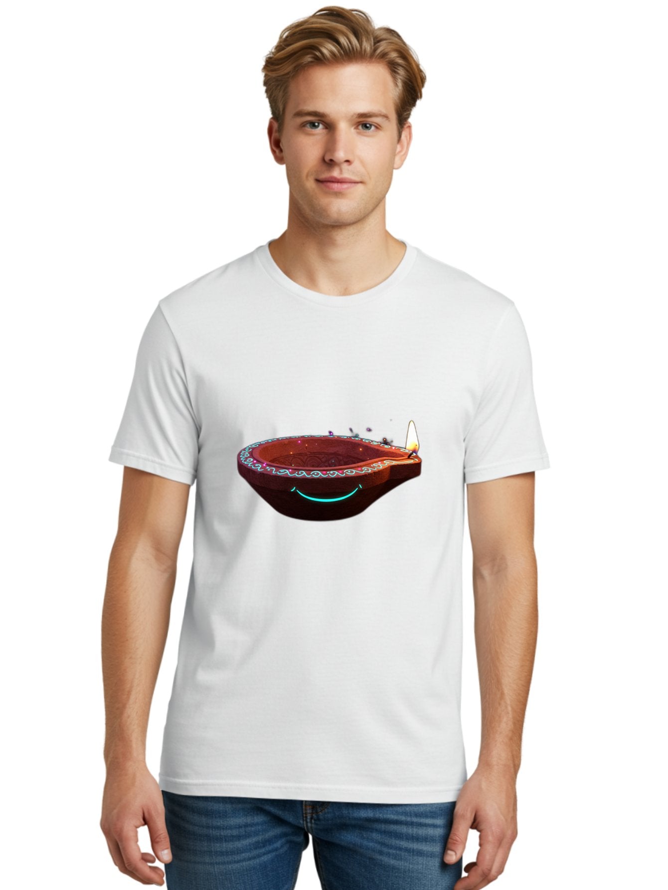 Clay-Lamp-With-Candle Men'S Graphic Tee, 100% Cotton, Comfortable Casual Summer Wear, Machine Washable, Diwali Lamp, Clay Diya, Lit Candle, Festive Decoration, Traditional Diwali, Diwali Celebration, Happy Diwali, Glowing Diya, Indian Culture Bac861 17