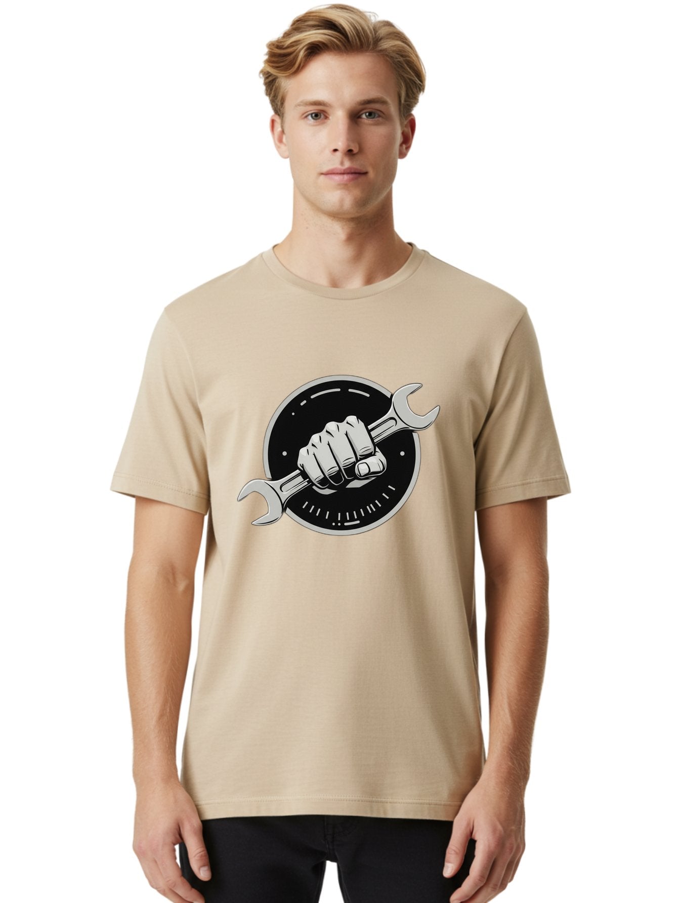 Clenched-Fist-Wrench Men'S Graphic Tee, 100% Cotton, Comfortable Casual Summer Wear, Machine Washable, Hand Holding Wrench, Fist With Spanner, Mechanic Symbol, Repair Logo, Diy Emblem, Tool Icon, Maintenance Graphics, Handyman Sign Bac862 24