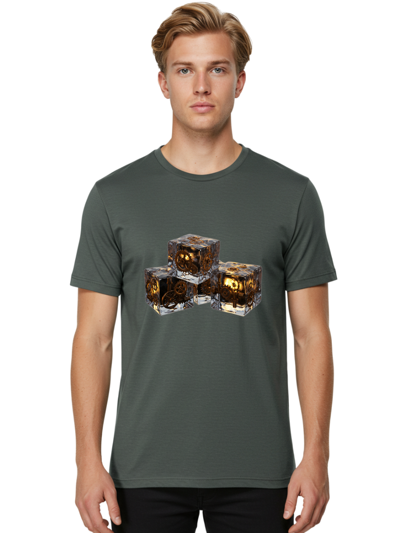 Clockwork-Dice Men'S Graphic Tee, 100% Cotton, Comfortable Casual Summer Wear, Machine Washable, Transparent Dice, Mechanical Gears, Clockwork Mechanisms, Intricate Details, Golden Accents, Modern Gaming Accessories, Tabletop Gaming, Rpg Dice Bac865 20