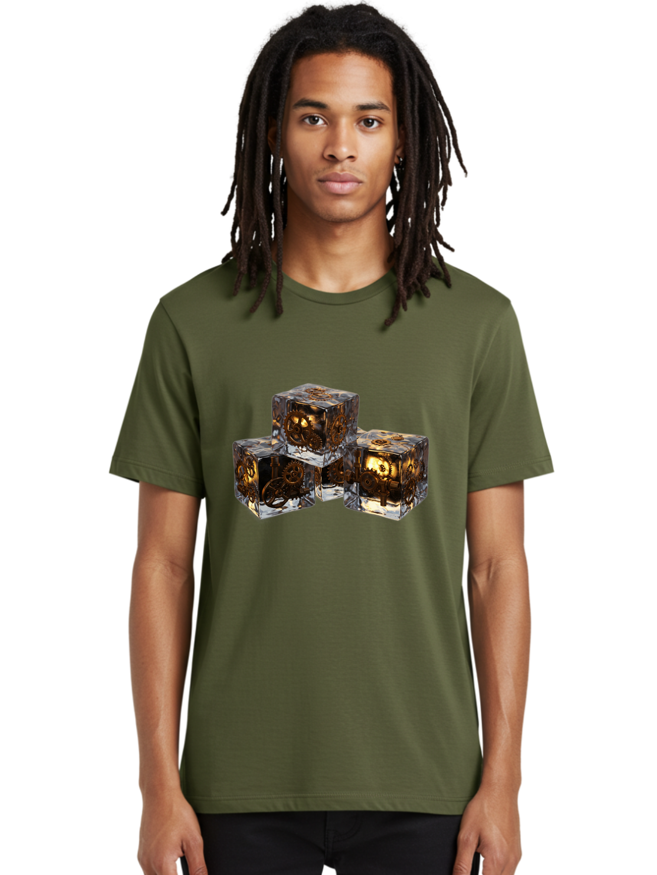 Clockwork-Dice Men'S Graphic Tee, 100% Cotton, Comfortable Casual Summer Wear, Machine Washable, Transparent Dice, Mechanical Gears, Clockwork Mechanisms, Intricate Details, Golden Accents, Modern Gaming Accessories, Tabletop Gaming, Rpg Dice Bac865 24