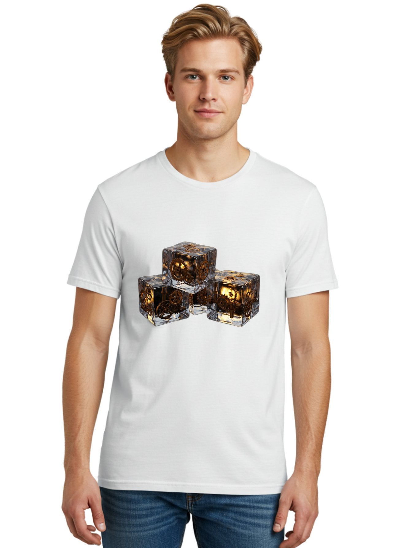Clockwork-Dice Men'S Graphic Tee, 100% Cotton, Comfortable Casual Summer Wear, Machine Washable, Transparent Dice, Mechanical Gears, Clockwork Mechanisms, Intricate Details, Golden Accents, Modern Gaming Accessories, Tabletop Gaming, Rpg Dice Bac865 25