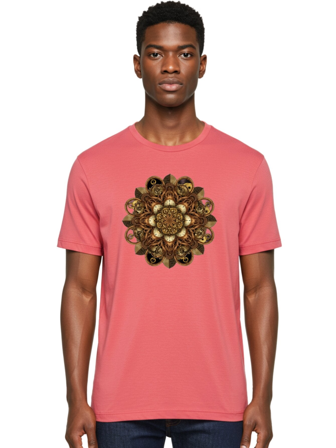 Clockwork-Mandala Men'S Graphic Tee, 100% Cotton, Comfortable Casual Summer Wear, Machine Washable, Steampunk Clock Mandala, Intricate Clockwork Design, Antique Clockwork Mechanism, Ornate Patterns, Vintage Gears, Complex Artwork, Surreal Art, Bac866 21